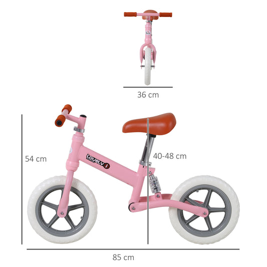 HOMCOM 12" Kids Balance Bike No Pedal Bicycle EVA Tire Adjustable Seat Toddler Training Bike W/ Shock Absorber 2 - 5 Years Gift for Boys Girls Pink