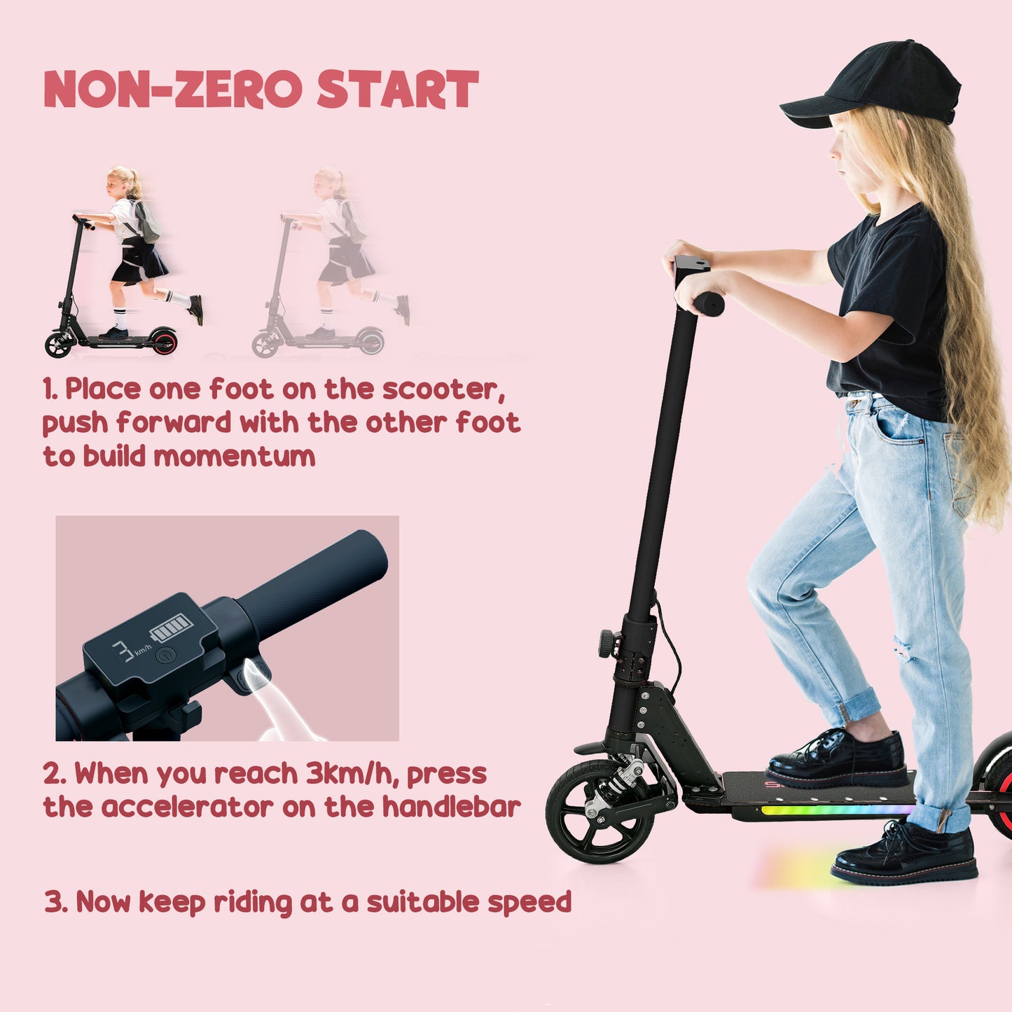 SPORTNOW Folding Electric Scooter for Kids, with Dual Brakes, Front Suspension, LED Colourful Lights, Black
