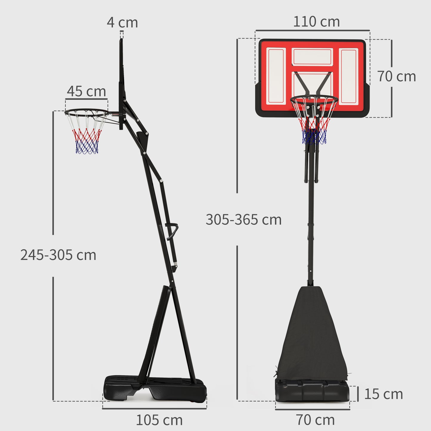 SPORTNOW 245-305cm Adjustable Basketball Hoop and Stand, with Wheels, Red