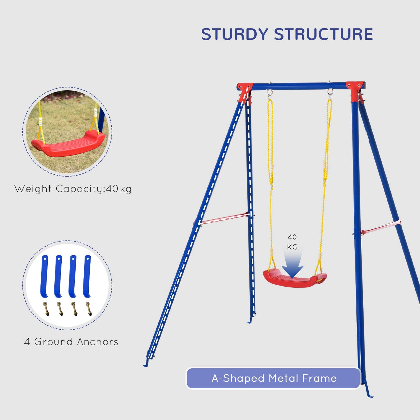 Outsunny Kids Swing Set Toddler Swing Adjustable Rope Heavy Duty A-Frame Stand Outdoor Playset for 3-8 Years Old Blue
