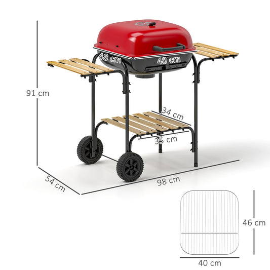 Outsunny Charcoal Barbecue Grill Portable BBQ Grill with 1840 cm² Cooking Area, 3 Shelves, Adjustable Vent, Lockable Lid, Wheels for Outdoor Cooking, Garden Party, Red