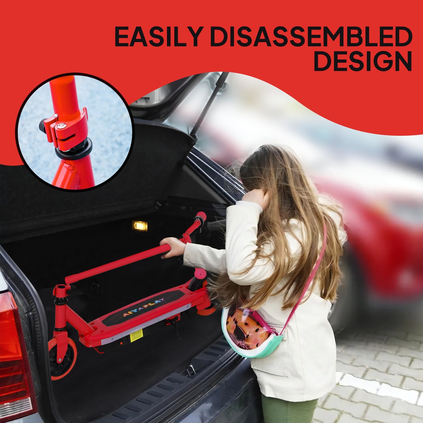 AIYAPLAY Electric Scooter for Kids 6-14 Years, with Colourful Lights, Red