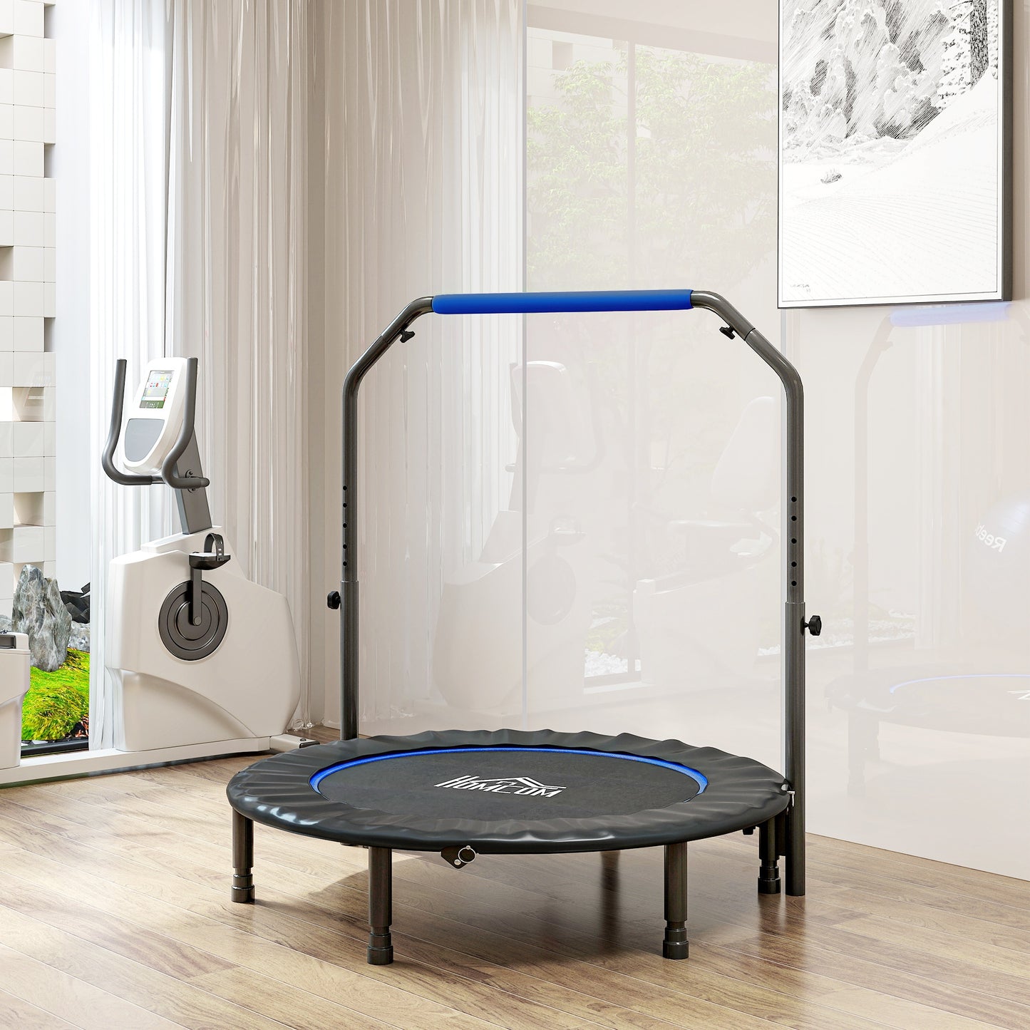 HOMCOM 45" Foldable Mini Fitness Trampoline, with Adjustable Foam Handle, Blue