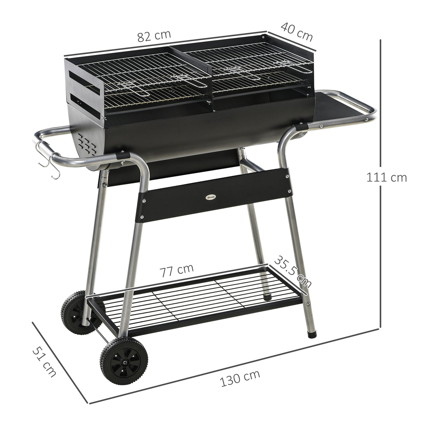 Outsunny Charcoal Barbecue Grill BBQ Trolley with Double Grill, Adjustable Grill Height, Side Table, Storage Shelf, and Wheels for Outdoor Cooking, 130 x 51 x 111cm, Black