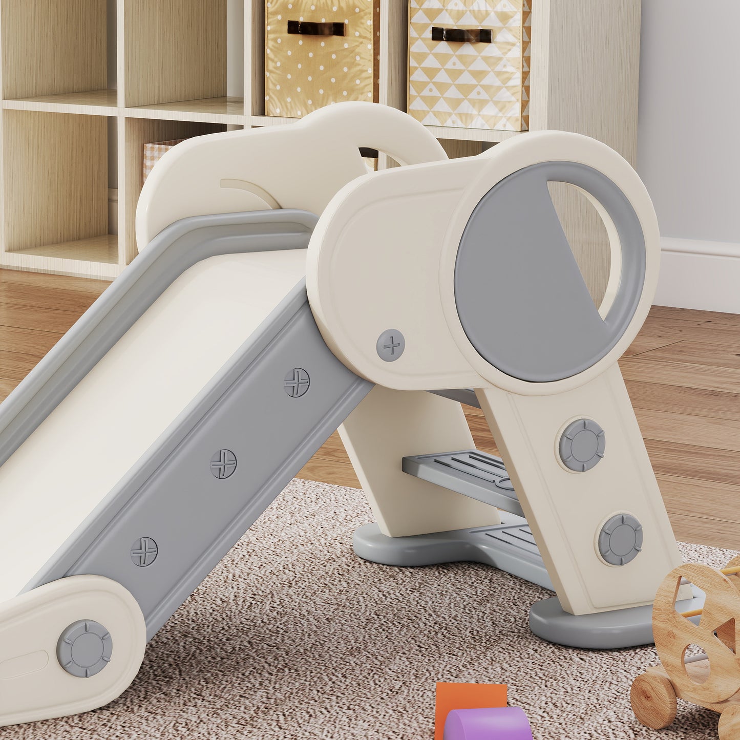 AIYAPLAY Foldable Kids Slide, Freestanding Baby Slide, for Ages 1.5-3 Years, Grey & Beige