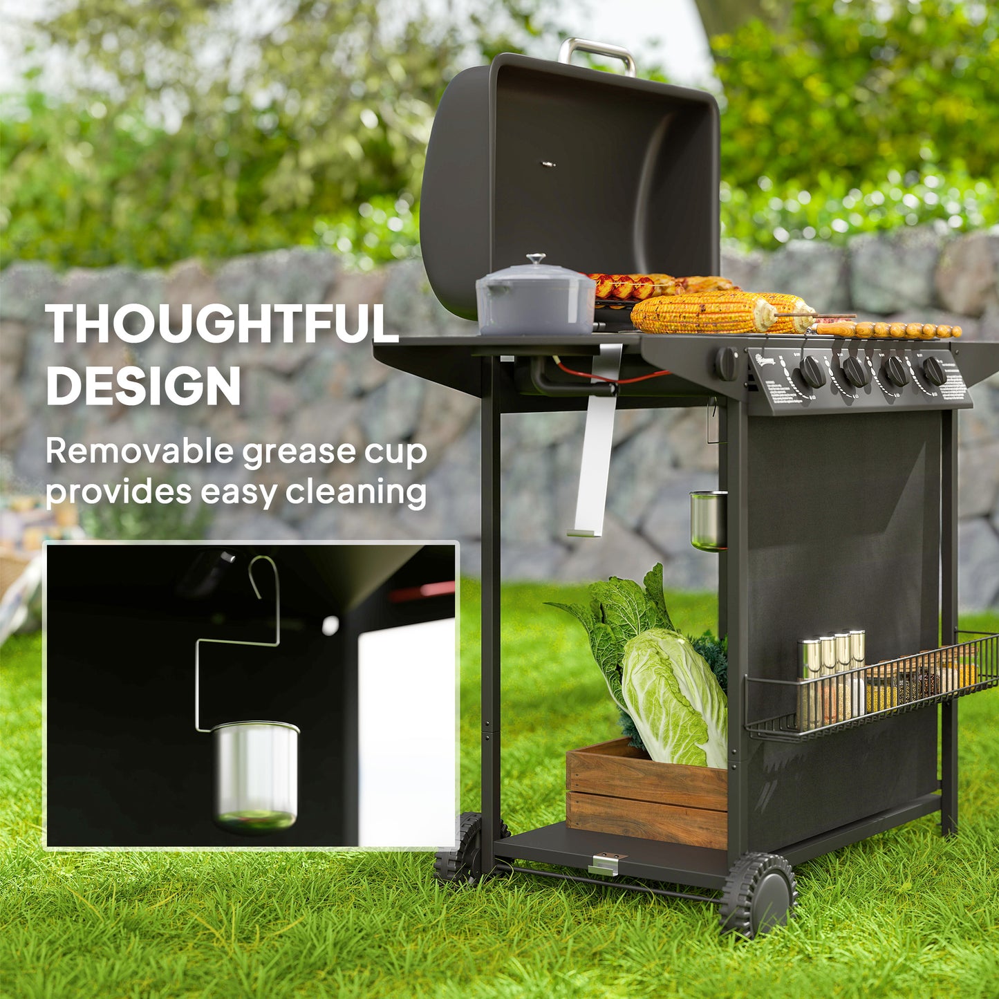 Outsunny 4+1 Burner Gas BBQ Grill, Portable Gas Barbecue Grill with Built-in Thermometer, Lid, Side Table, Shelf, Spice Rack, Wheels, Grease Cup for Garden Party Outdoor Cooking, Black