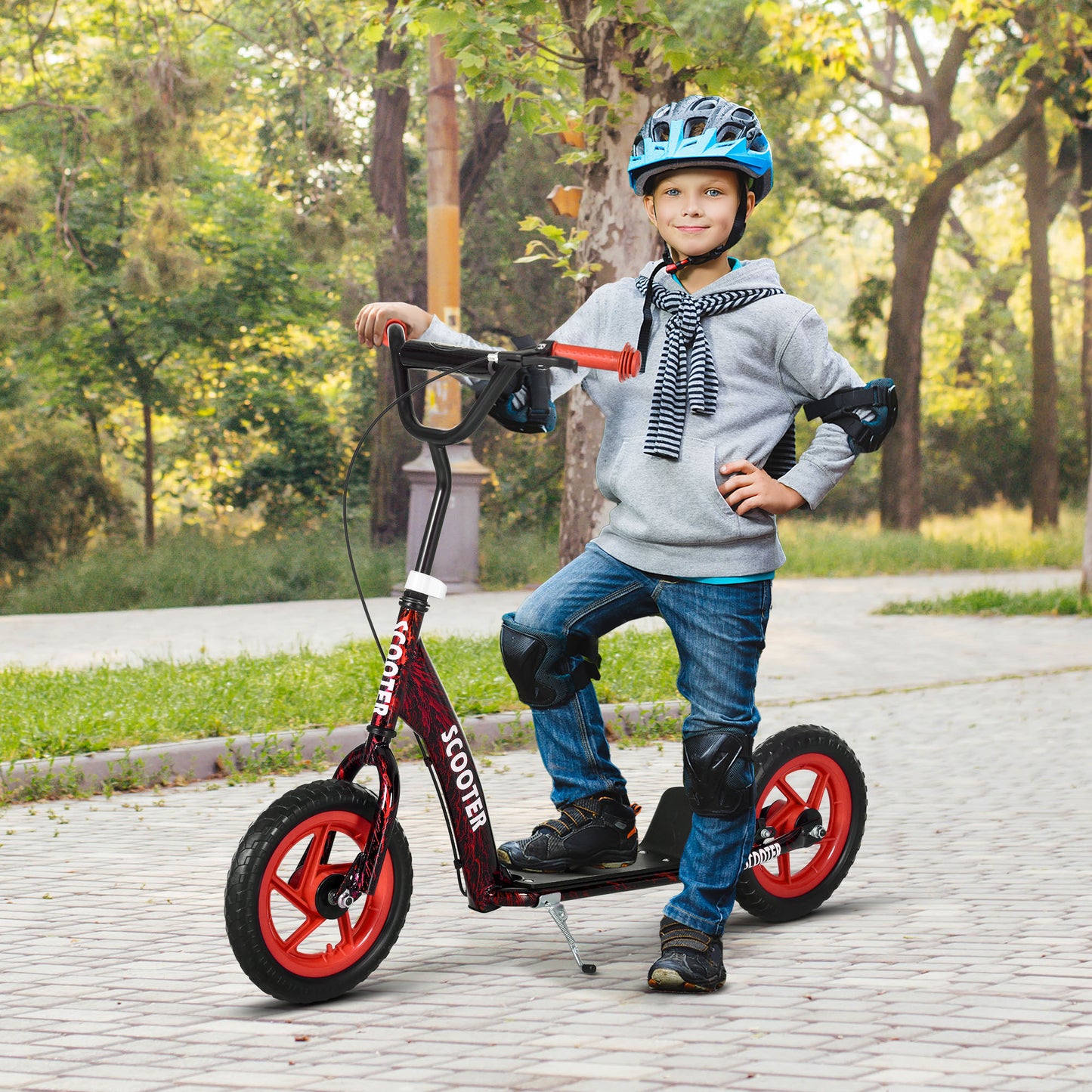 AIYAPLAY Kids Scooter with Adjustable Handlebar, Children's Kick Scooter with Non-slip Footplate, Rear Brake, Kickstand, Red