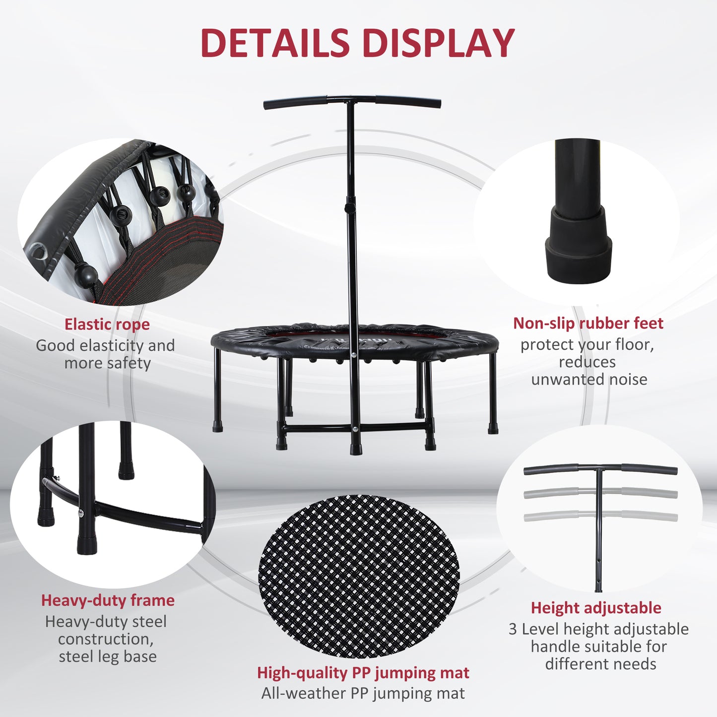 HOMCOM 40" Fitness Trampoline with Adjustable Handle, Rebounder Trampoline, Mini Jumper for Indoor Exercise Workout, Black