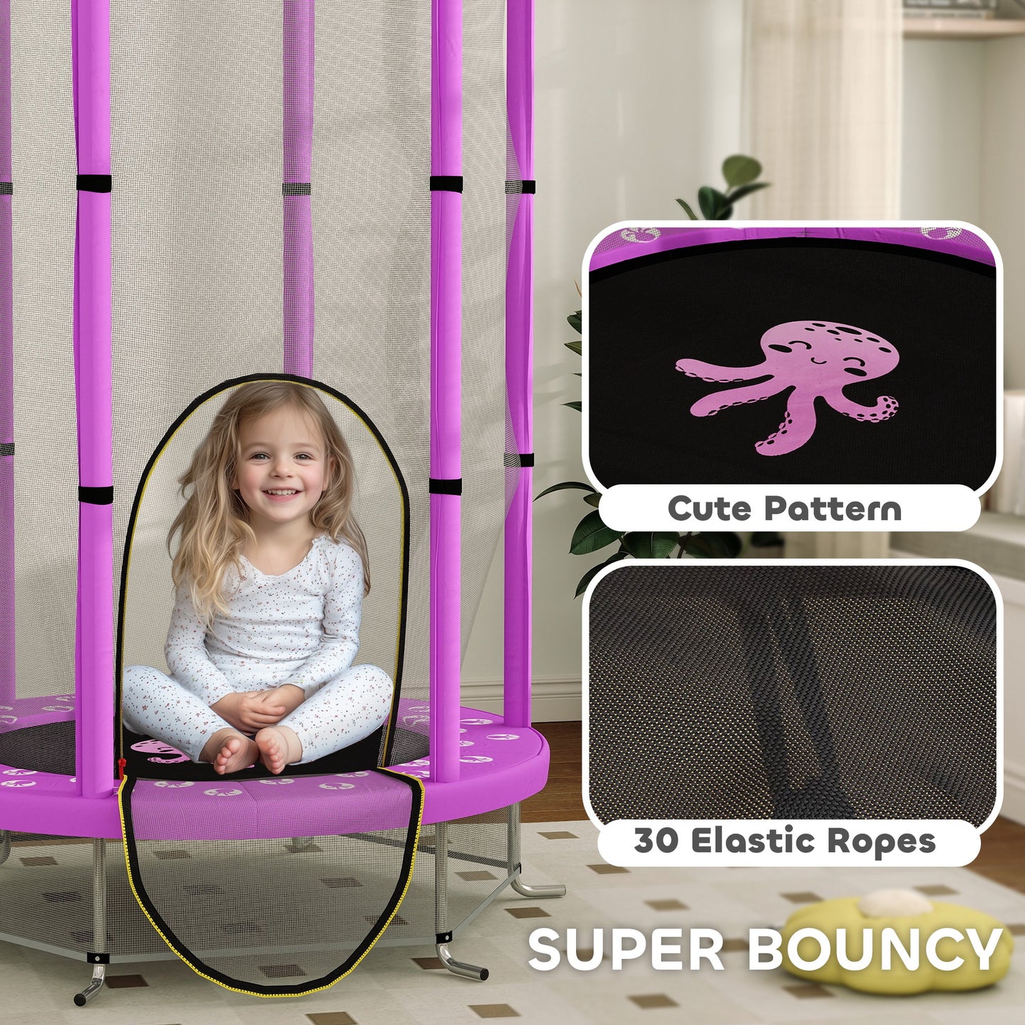 AIYAPLAY 4.6ft Toddler Trampoline w/ Safety Enclosure Net, for Indoor Outdoor Use, Ages 3-6 Years, Purple