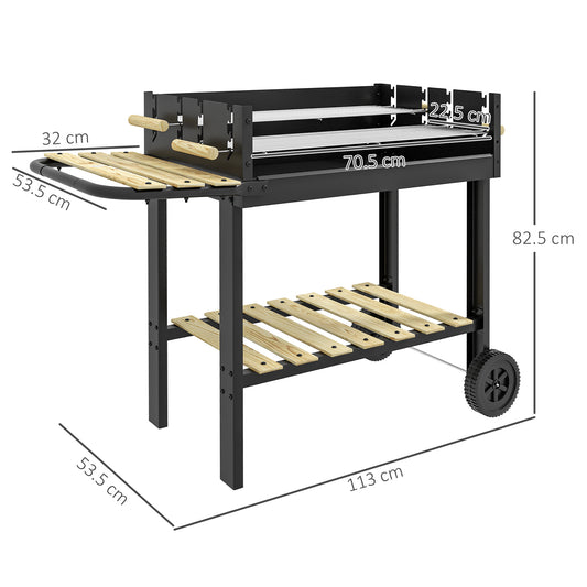 Outsunny Charcoal BBQ Grill, Barbecue Trolley with Double Adjustable Grill, Side Table, Storage Shelf and Wheels for Outdoor Garden Party Cooking, Black
