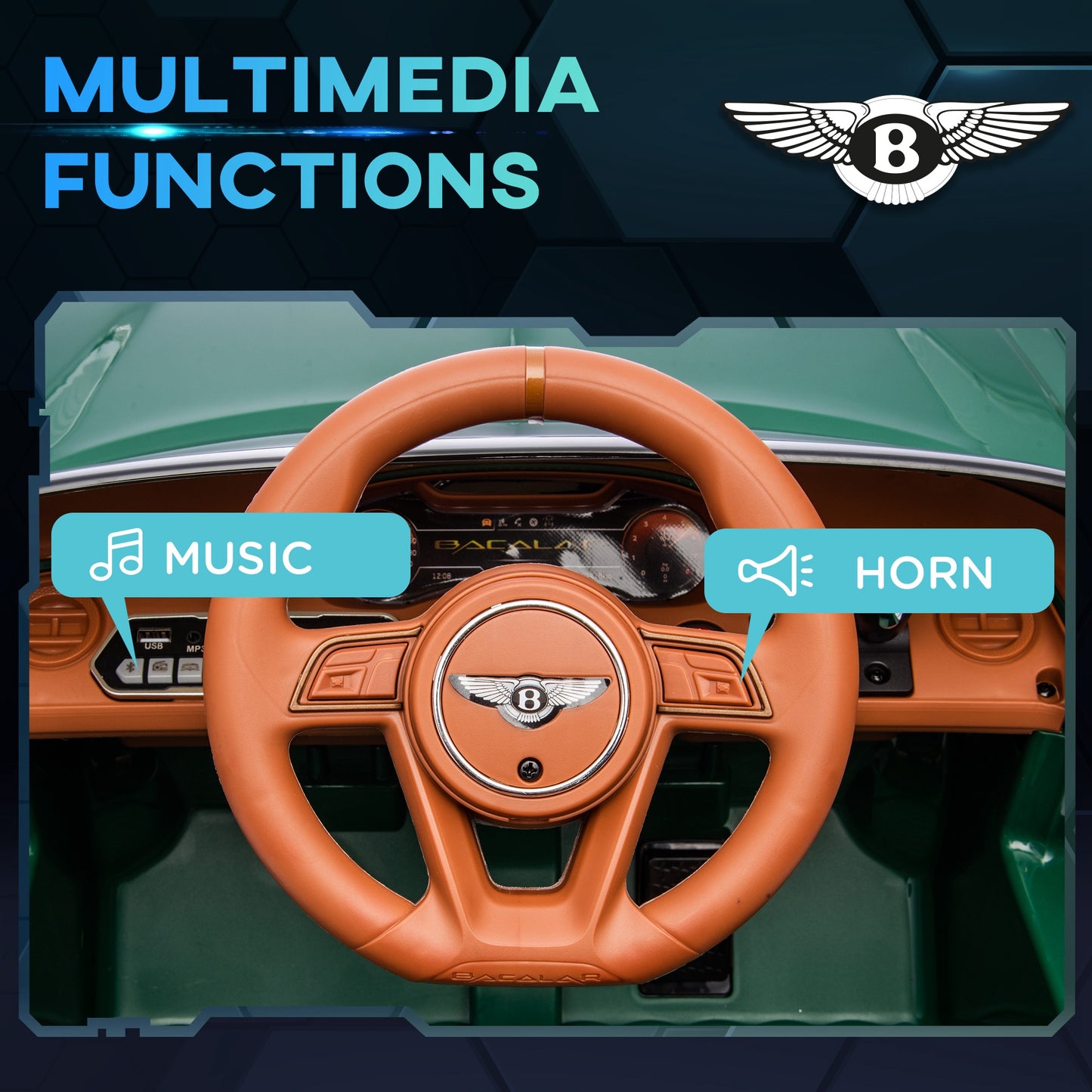 HOMCOM Bentley Bacalar Licensed 12V Kids Electric Car, with Remote Control, Horn, Lights, Music, Suspension Wheels, Green