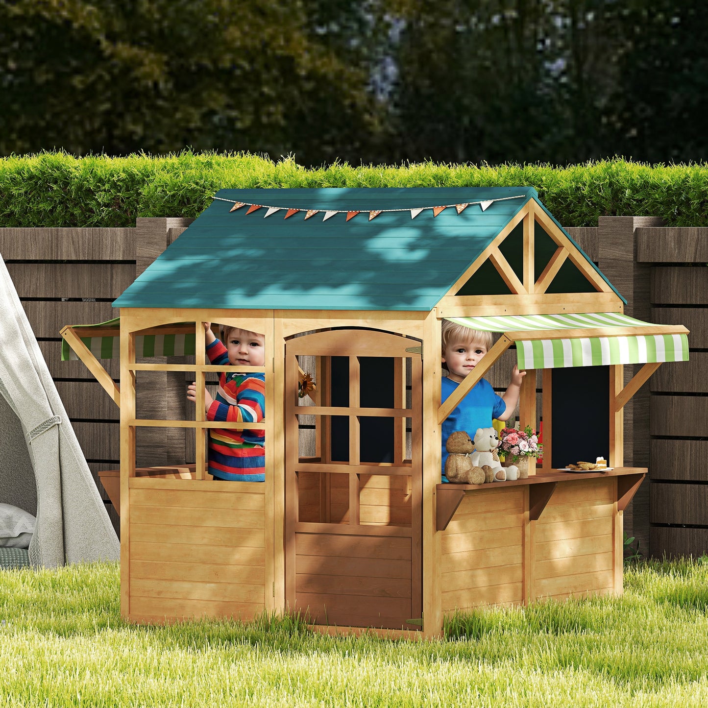AIYAPLAY Wooden Playhouse for Kids, Foldable Wendy House with Windows, Working Door, Service Stations, Rain Covers, Brown