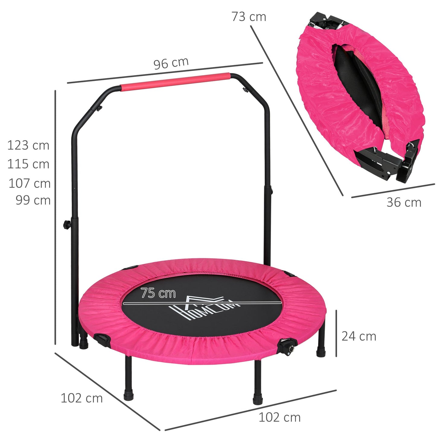 HOMCOM 40" Foldable Mini Fitness Trampoline, with Adjustable Foam Handle, Pink