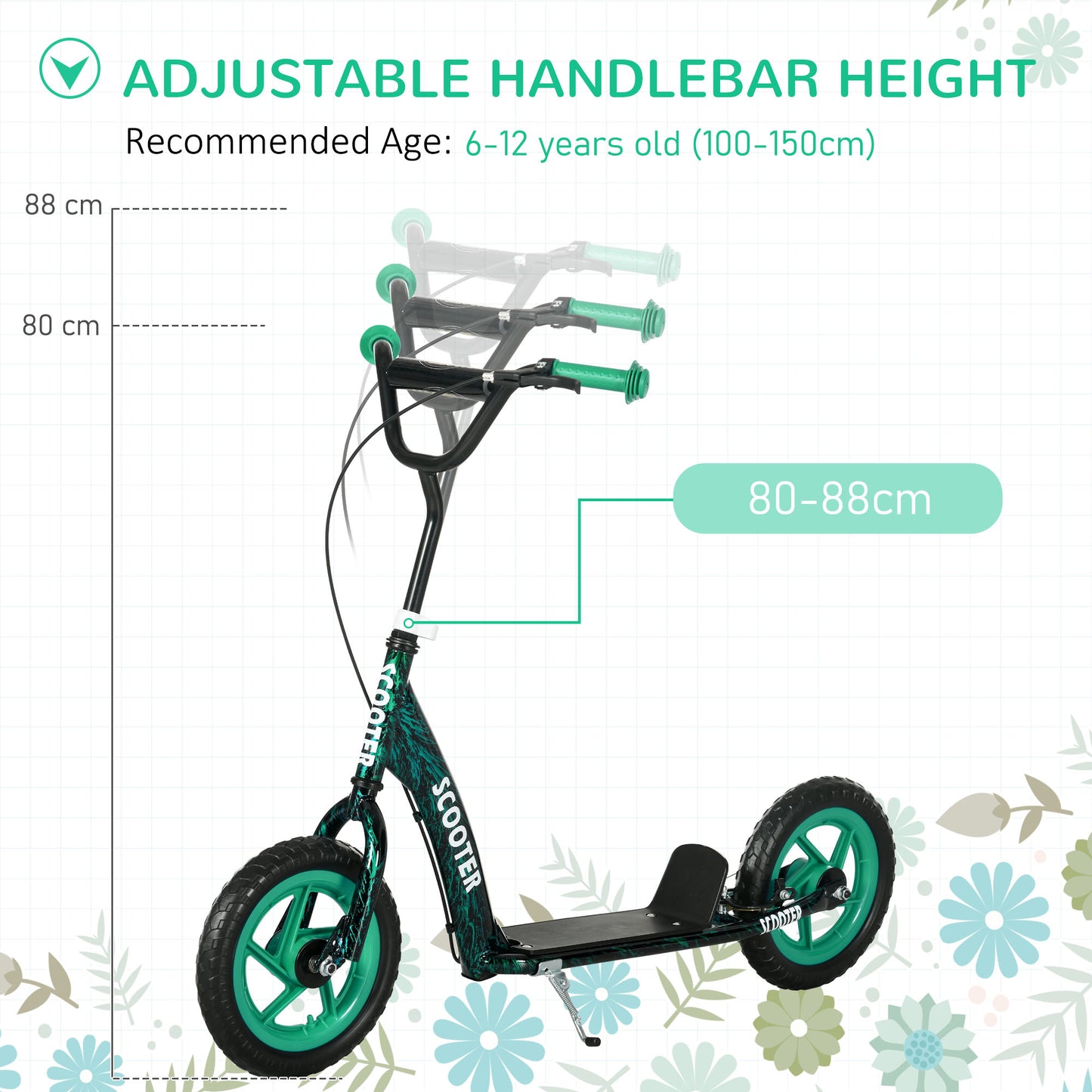 AIYAPLAY Kids Scooter with Adjustable Handlebar, Children's Kick Scooter with Non-slip Footplate, Rear Brake, Kickstand, Green