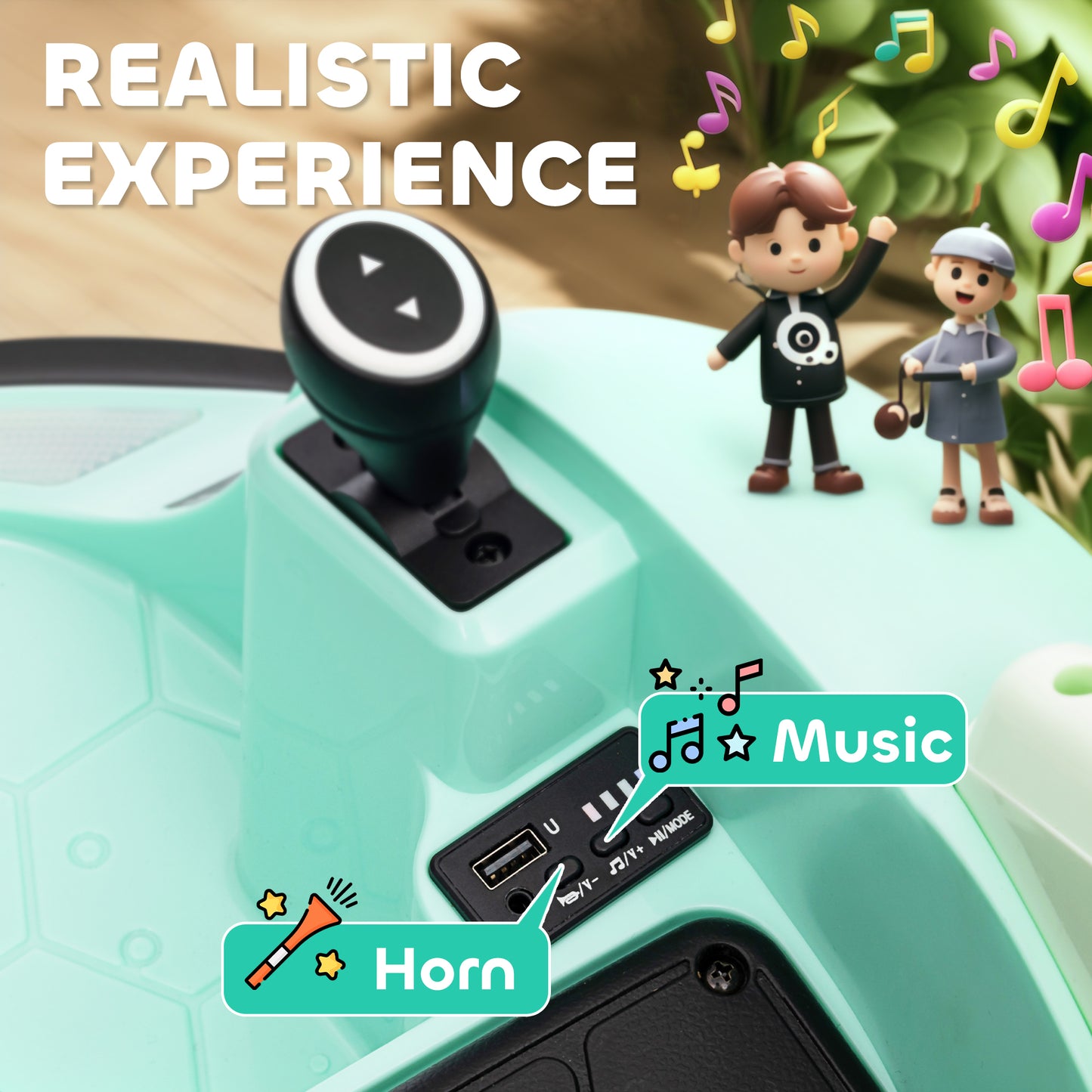 AIYAPLAY 360° Rotation Kids Bumper Car, 12V Waltz Car with Remote Control, Dual Joystick, Music, Lights, Green