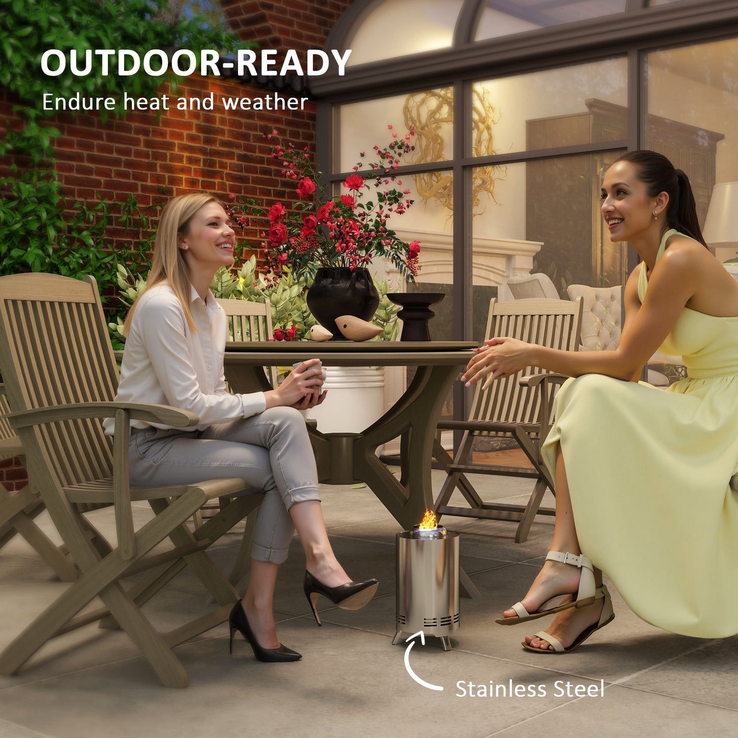 Outsunny Smokeless Fire Pit, 16 x 16 cm Stainless Steel Portable Wood Burning Firepit with Poker, Wood or Pellet Fuelled Tabletop Fire Pit for Garden Camping Bonfire Party, Silver Tone