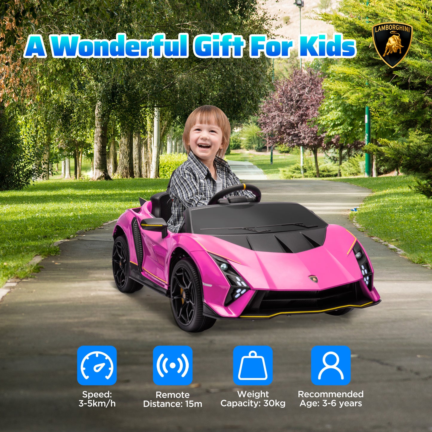AIYAPLAY 12V Lamborghini Autentica Licensed Kids Electric Car with Remote Control, 4 Suspension Wheels, Soft Start, Pink