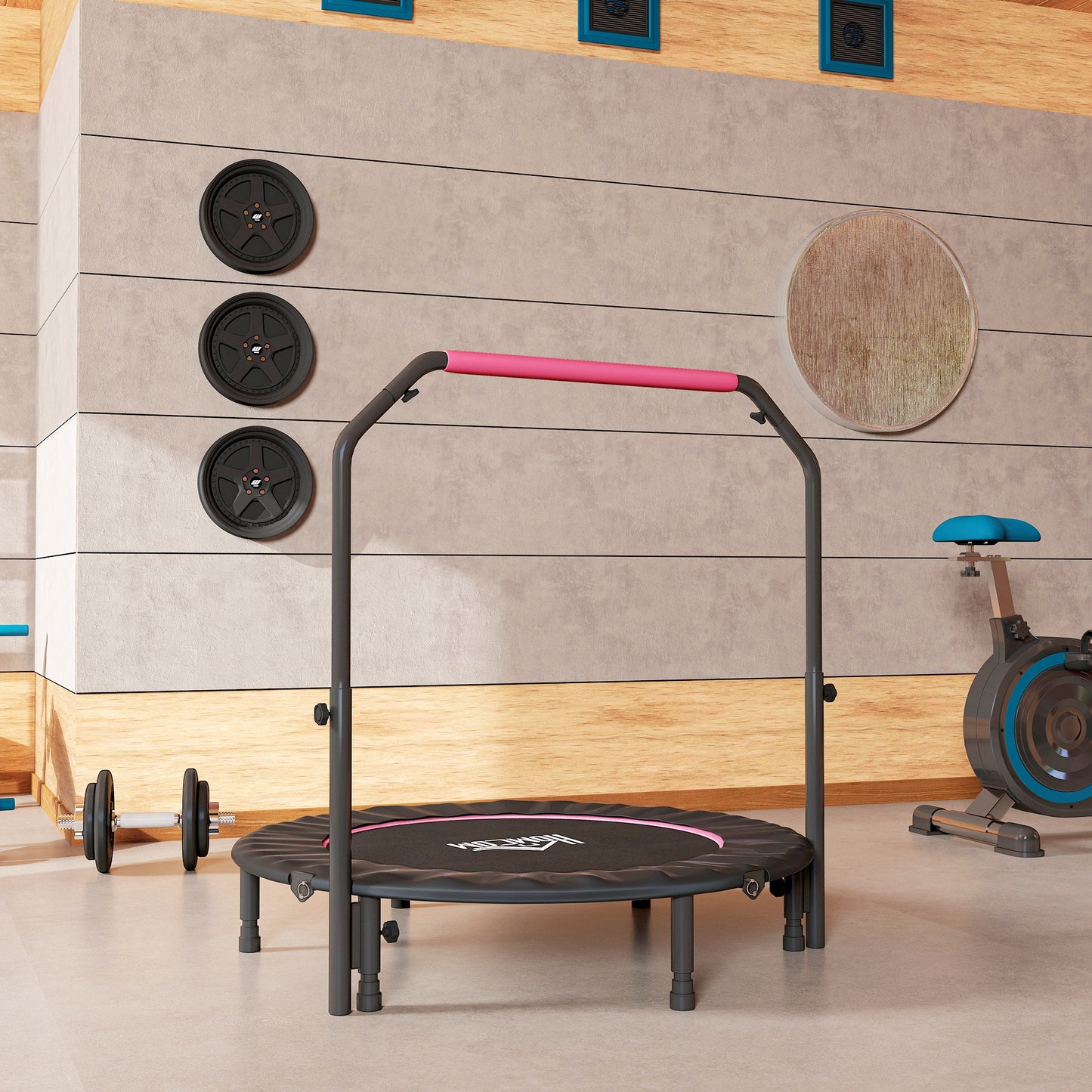 HOMCOM 48" Foldable Mini Fitness Trampoline, with Adjustable Foam Handle, Pink