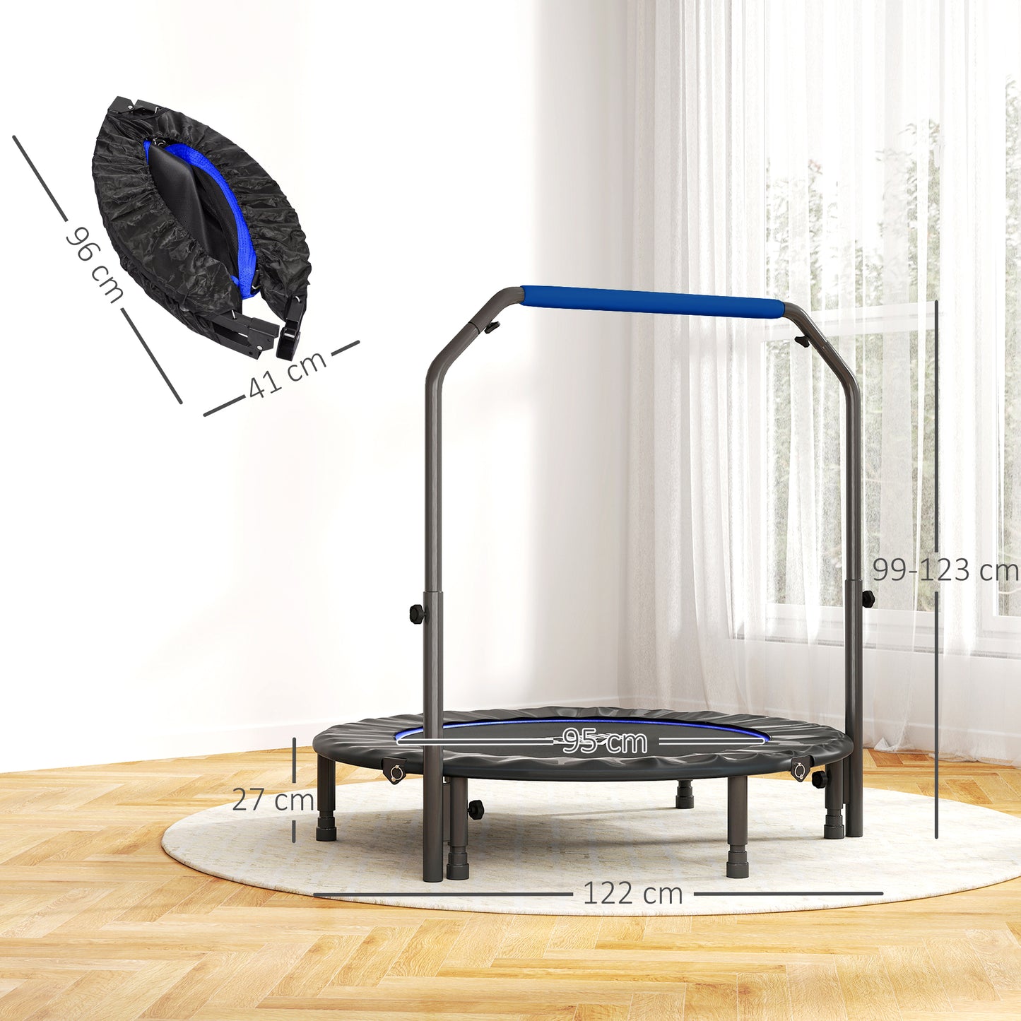 HOMCOM 48" Foldable Mini Fitness Trampoline, with Adjustable Foam Handle, Blue