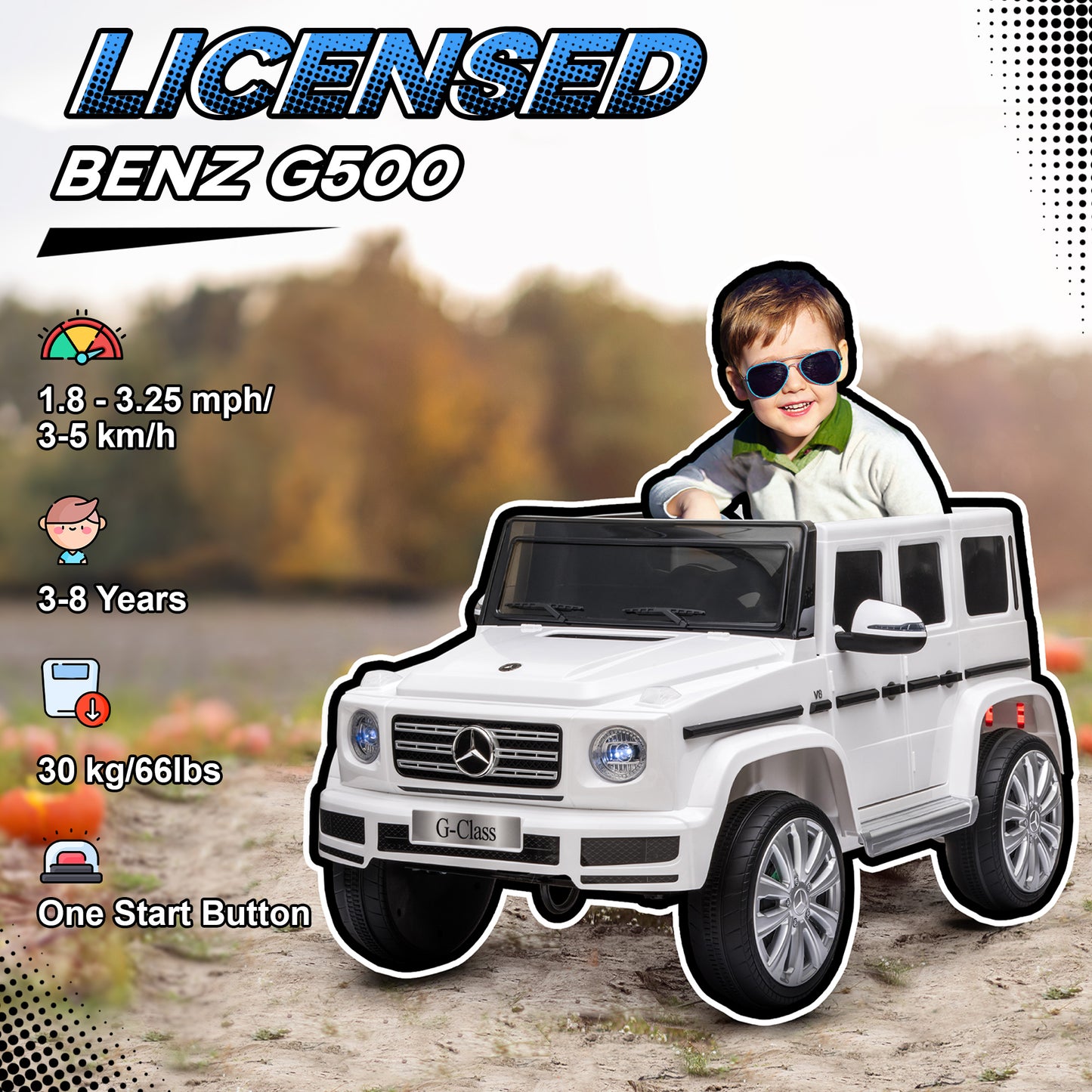 HOMCOM Mercedes Benz G500 Licensed 12V Kids Electric Ride On Car  Toy with Parental Remote Control Battery-powered 2 Motors Music Lights MP3 for 3-8 Years Old White