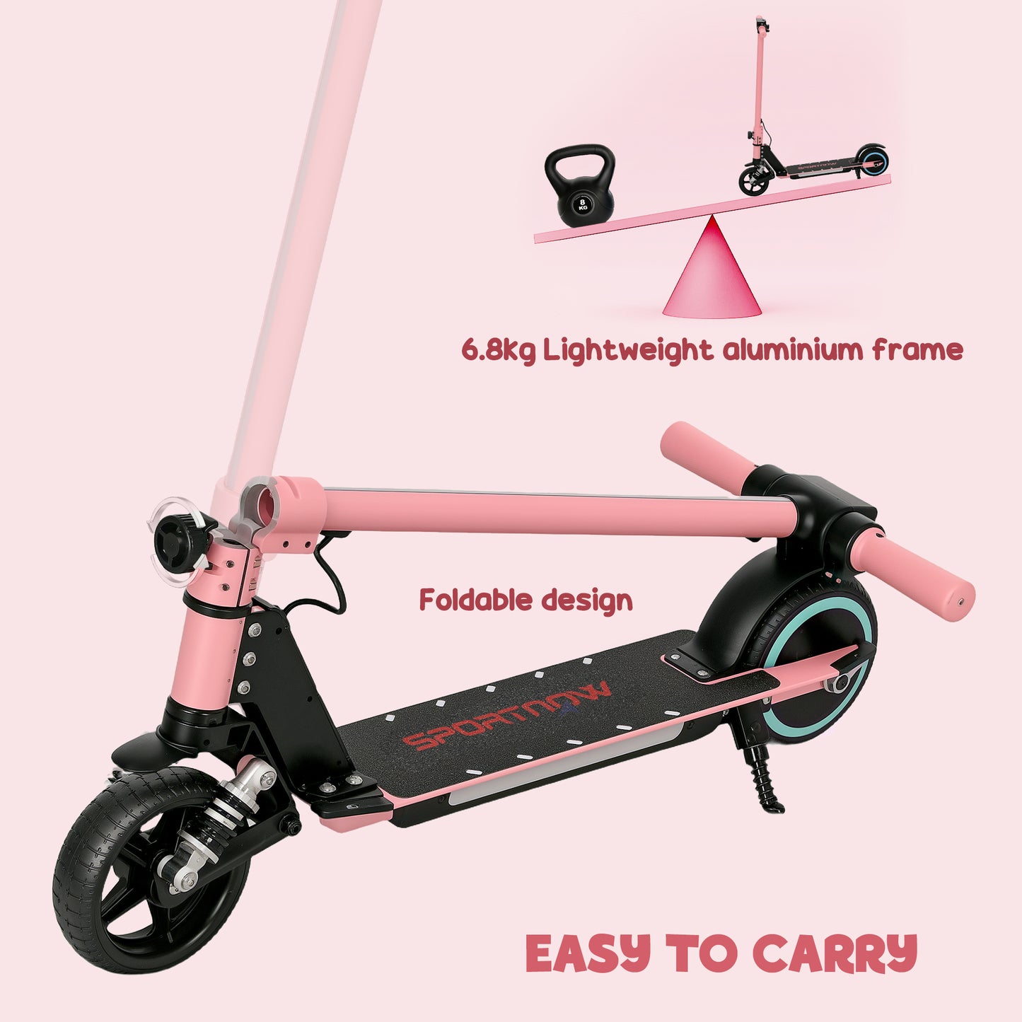 SPORTNOW Electric Scooter for Kids, Folding E Scooter for Age 6-14 with Dual Brakes, Up to 14 KM/H, Maximum Range 6 KM, 6.8kg Lightweight, Front Suspension, LED Colourful Lights, Pink