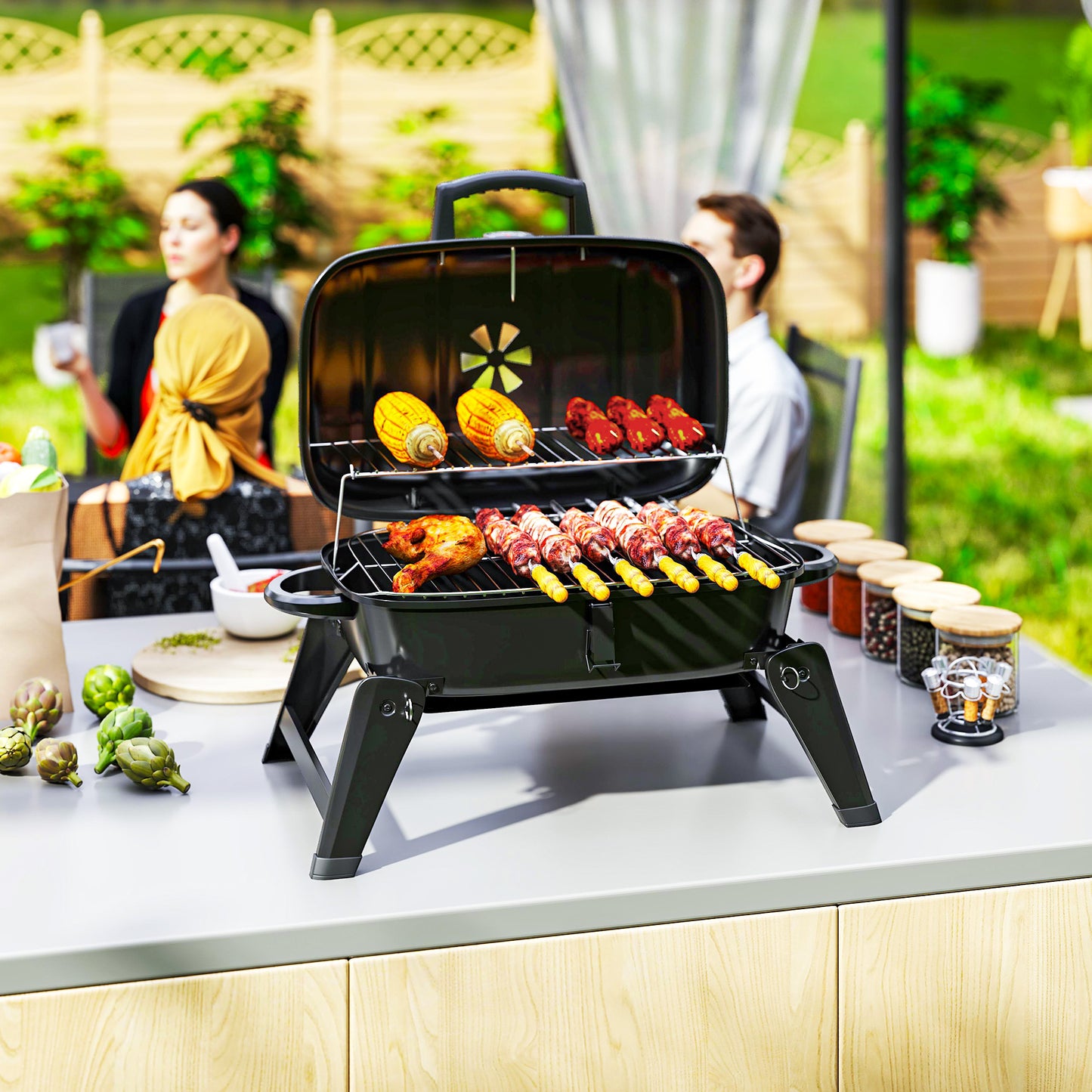 Outsunny Charcoal Barbecue Grill Folding BBQ Grill with 1232 cm² Cooking Area, Adjustable Vent, Thermometer, Handles for Camping Picnic, Black