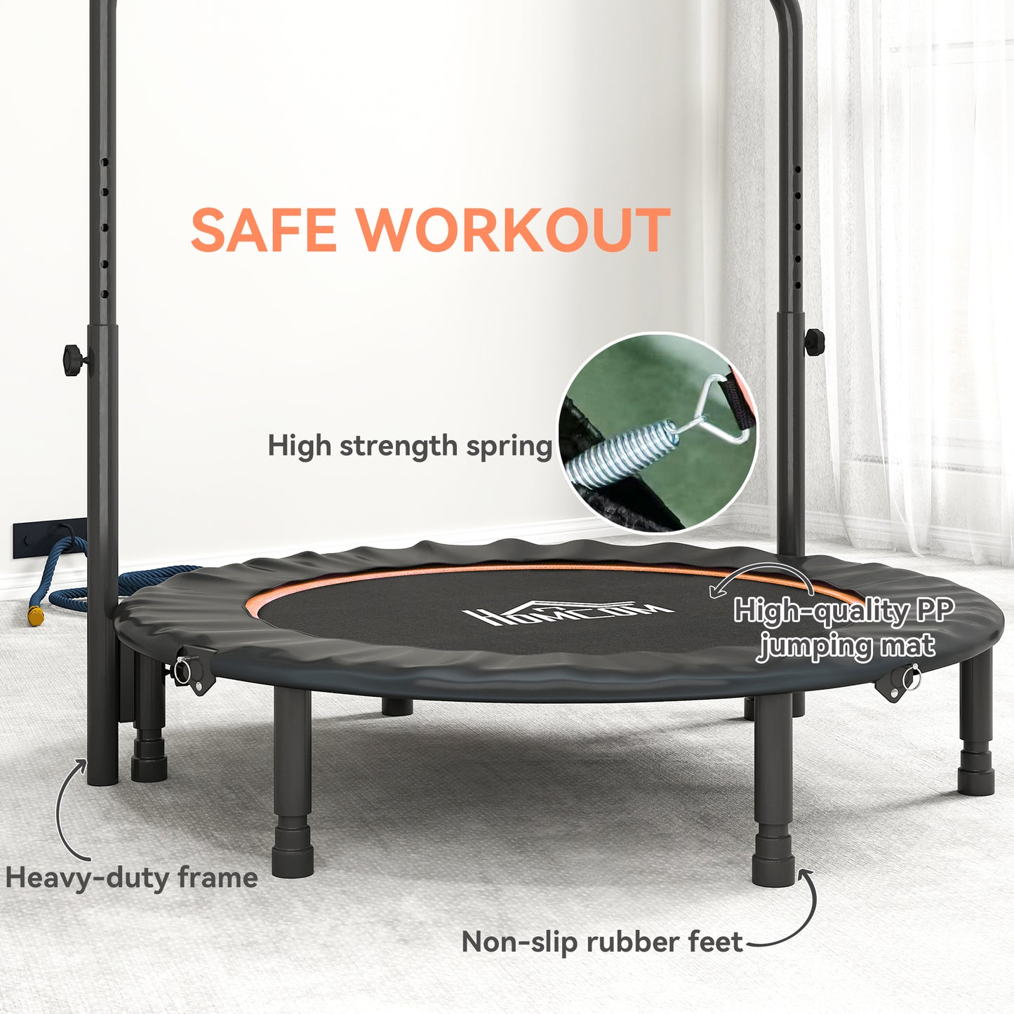 HOMCOM 45" Foldable Mini Fitness Trampoline, with Adjustable Foam Handle, Orange