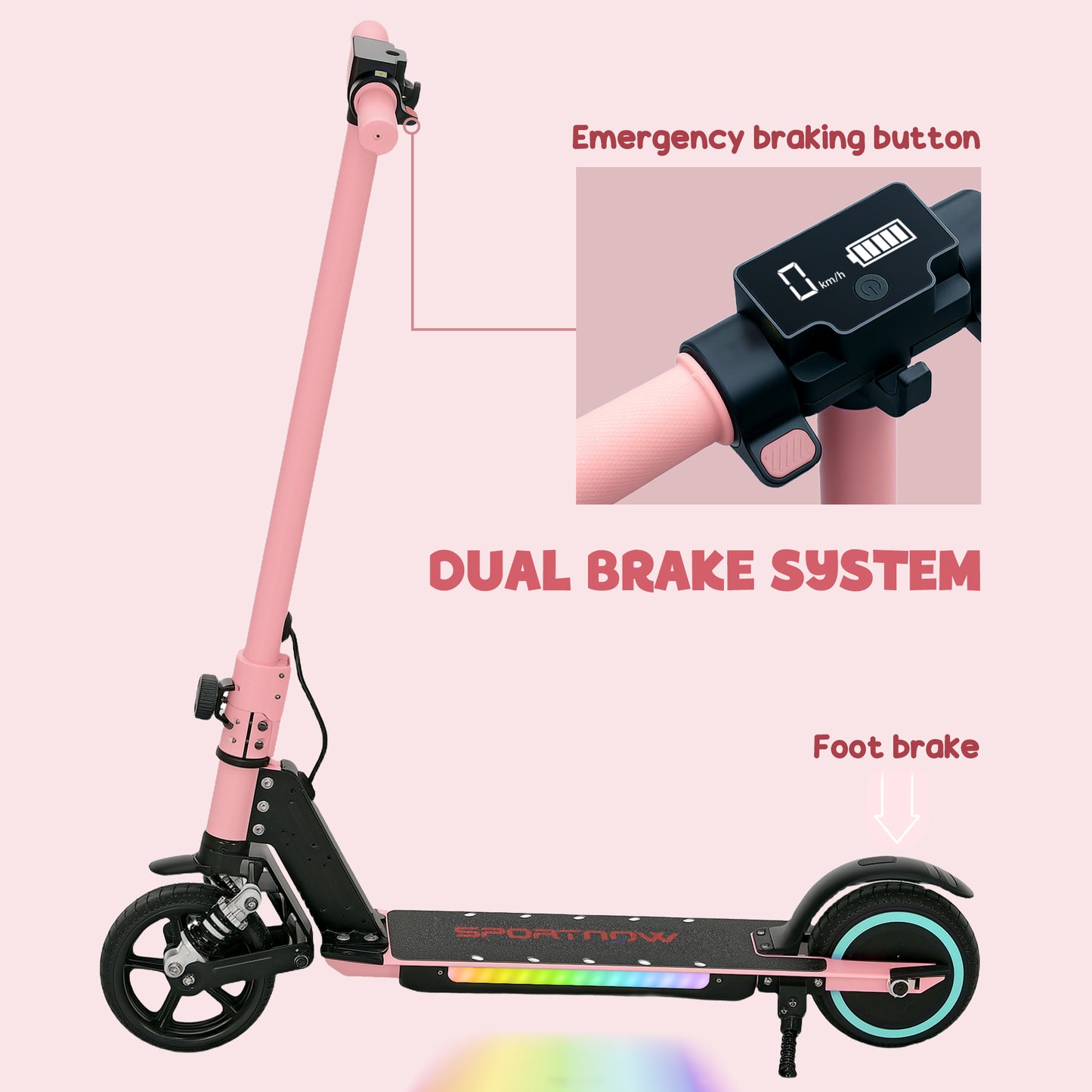 SPORTNOW Electric Scooter for Kids, Folding E Scooter for Age 6-14 with Dual Brakes, Up to 14 KM/H, Maximum Range 6 KM, 6.8kg Lightweight, Front Suspension, LED Colourful Lights, Pink