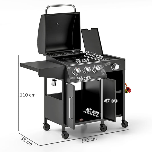 Outsunny 3+1 Burner Gas BBQ Grill with Storage Cabinet and Shelves, 9.5 kW Gas Barbecue Trolley with 6 Castor Wheels, Warming Rack, Thermometer for Outdoor Cooking Garden Party, Black