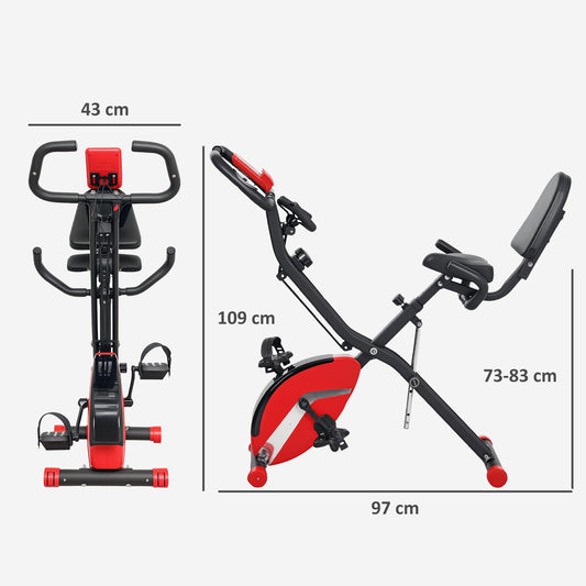 SPORTNOW Five-in-one Foldable Exercise Bike, Stationary Bike with Arm Workout Bands, LDC Monitor, Phone Holder, Red