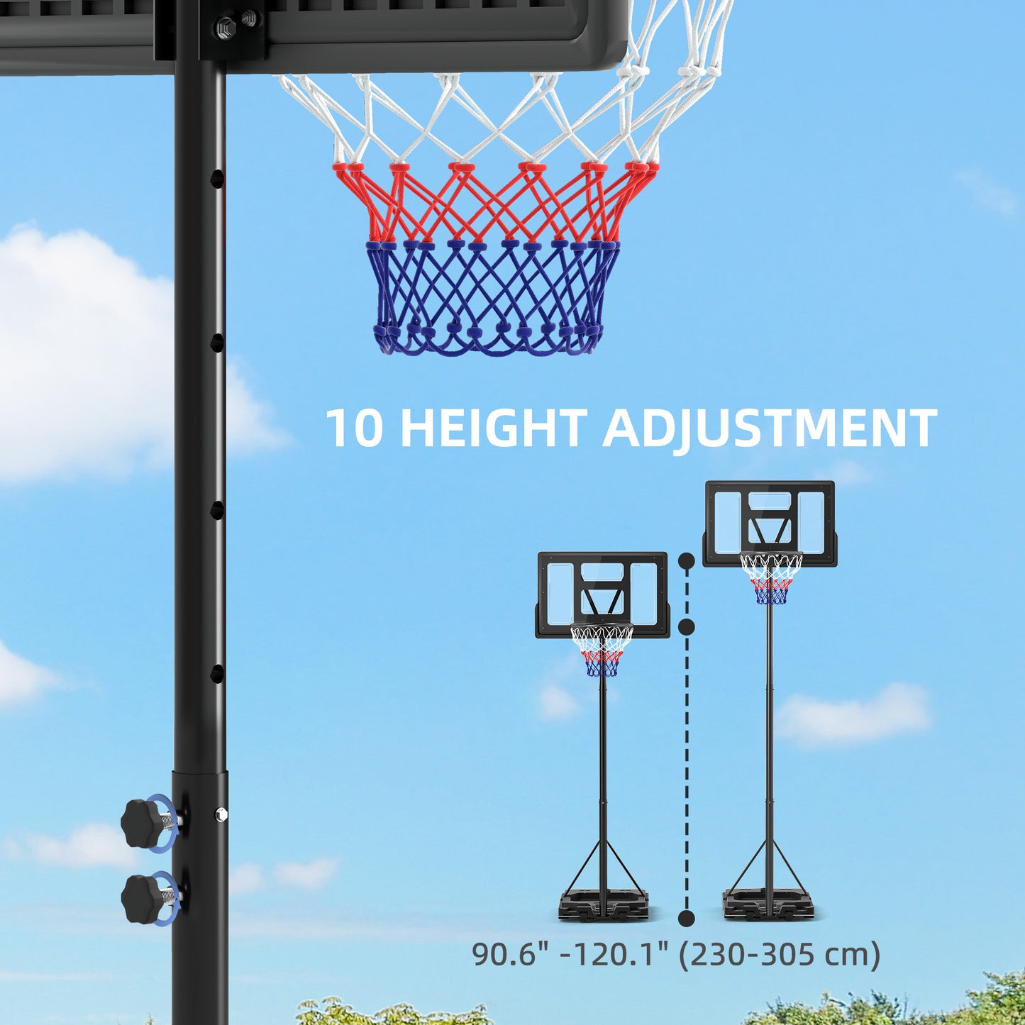 SPORTNOW 2.3-3.05m Basketball Hoop and Stand, with Weighted Base, Wheels, Black