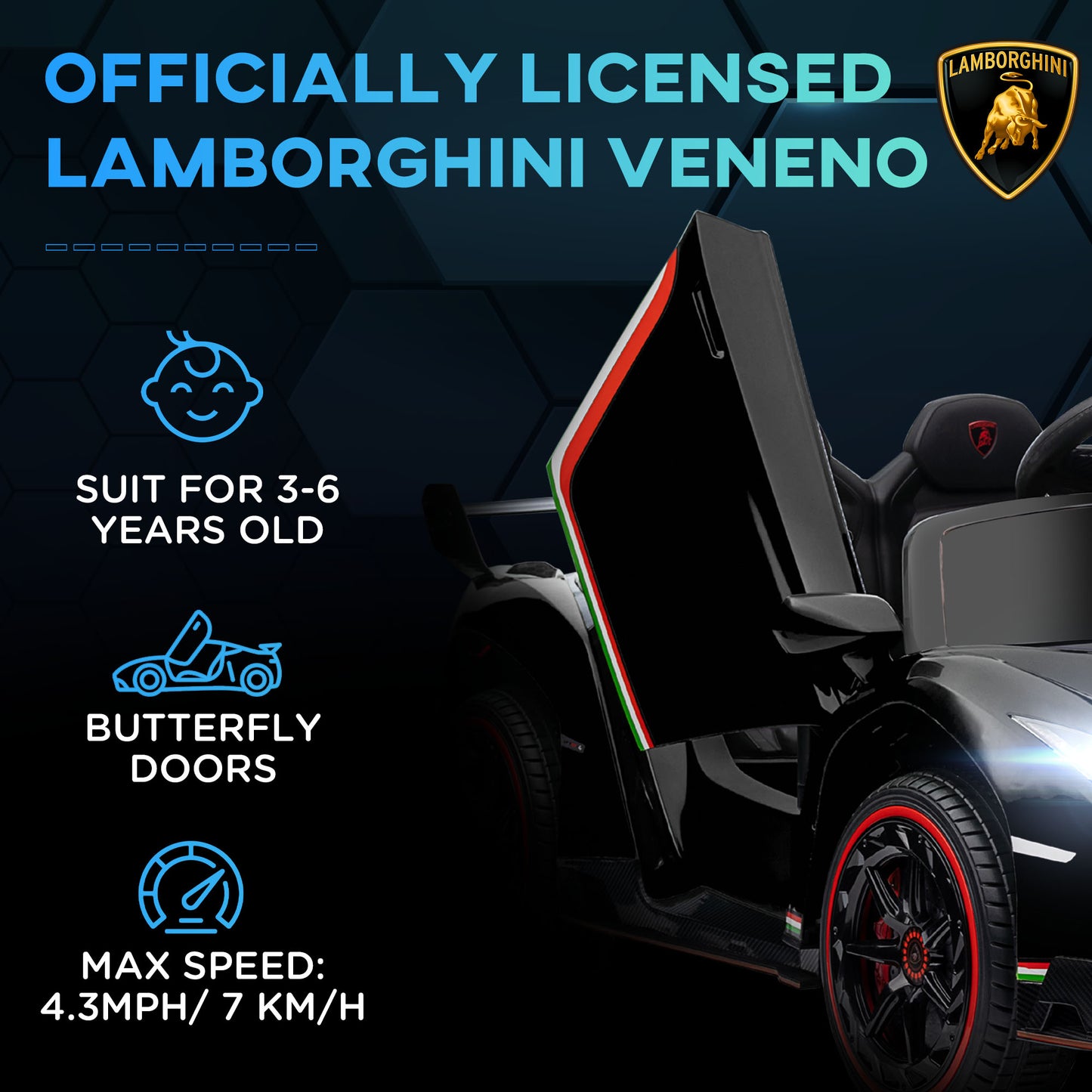 HOMCOM Lamborghini Veneno Licensed Electric Ride-On Car, with Remote, Music, Horn - Black