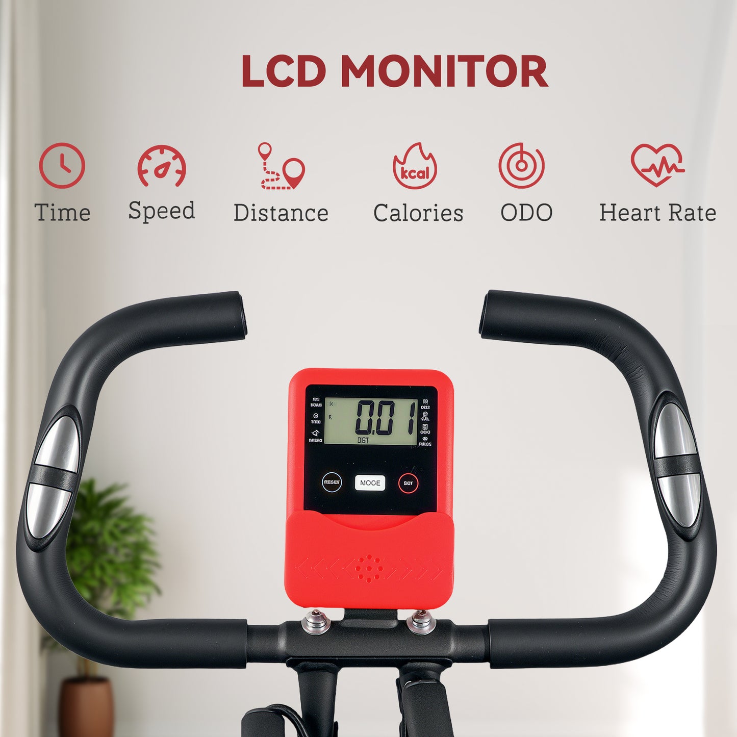 SPORTNOW Five-in-one Foldable Exercise Bike, Stationary Bike with Arm Workout Bands, LDC Monitor, Phone Holder, Red