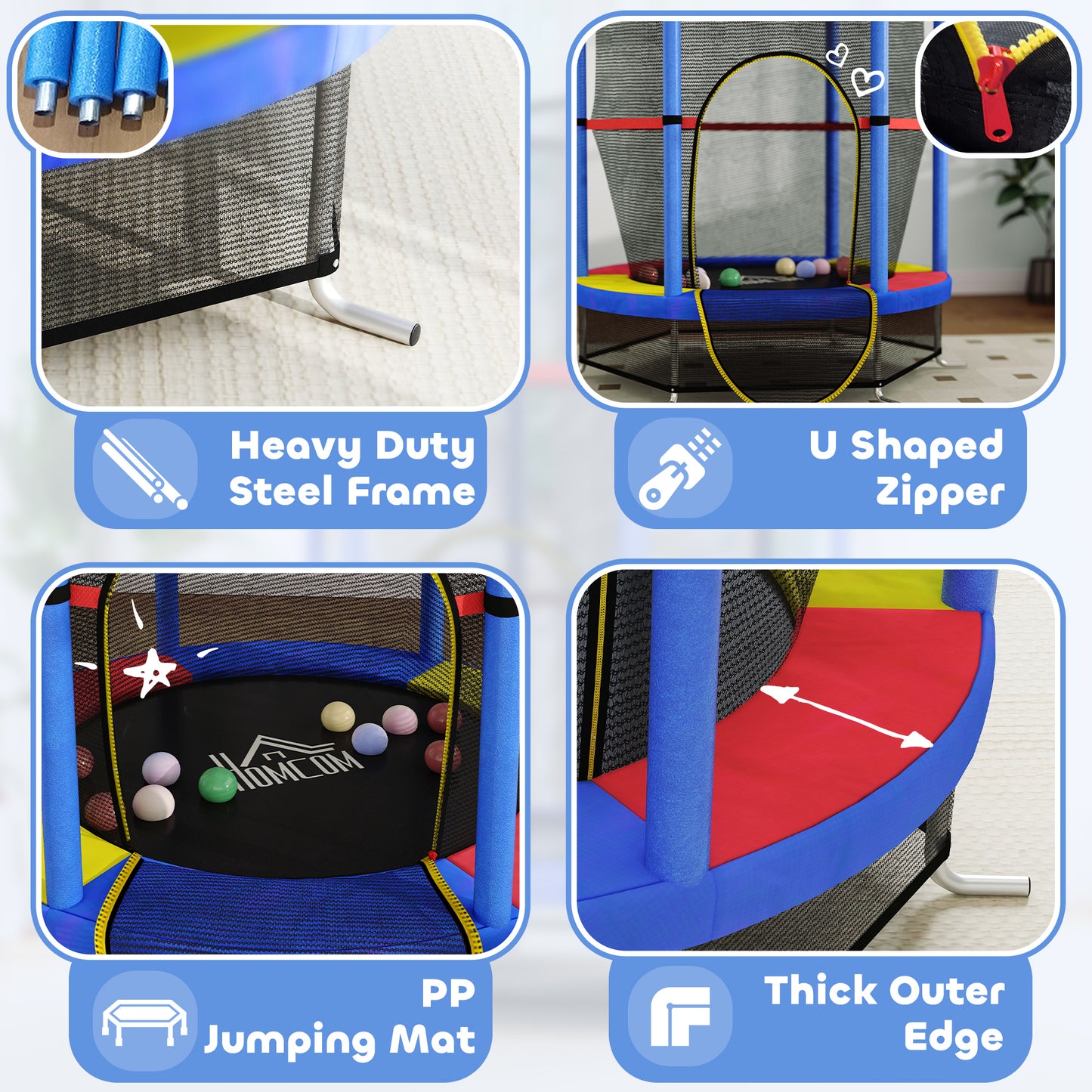 HOMCOM Kids Trampoline, with Enclosure Net, Steel Frame, for Ages 3-6 Years - MultiColoured