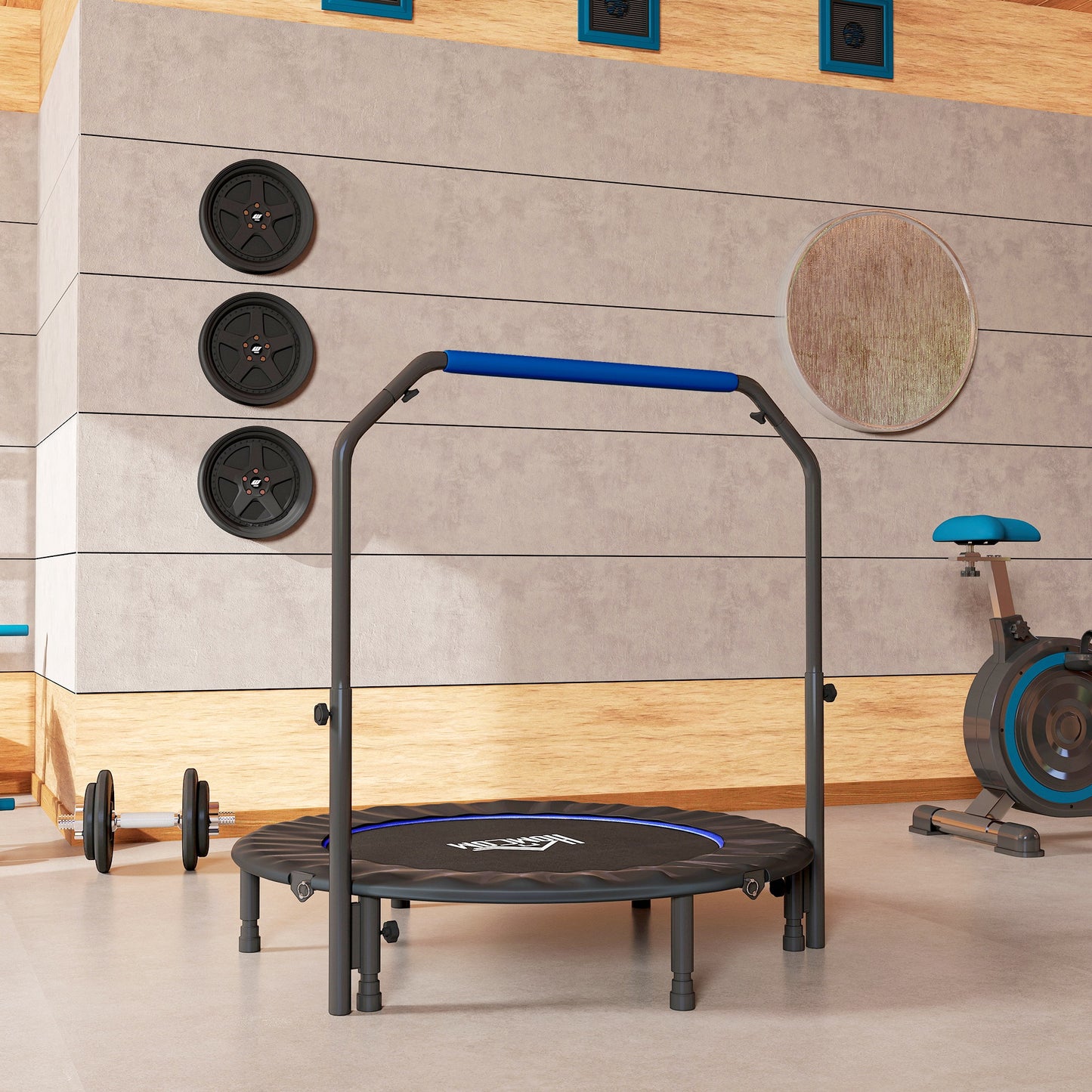 HOMCOM 48" Foldable Mini Fitness Trampoline, with Adjustable Foam Handle, Blue