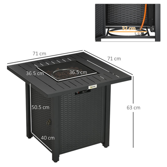 Outsunny Rattan-style Propane Gas Fire Pit Table with 40,000 BTU Burner, Square Smokeless Firepit Patio Heater with Thermocouple, Lava Rocks, Waterproof Cover, Spark Guard and Lid, Black