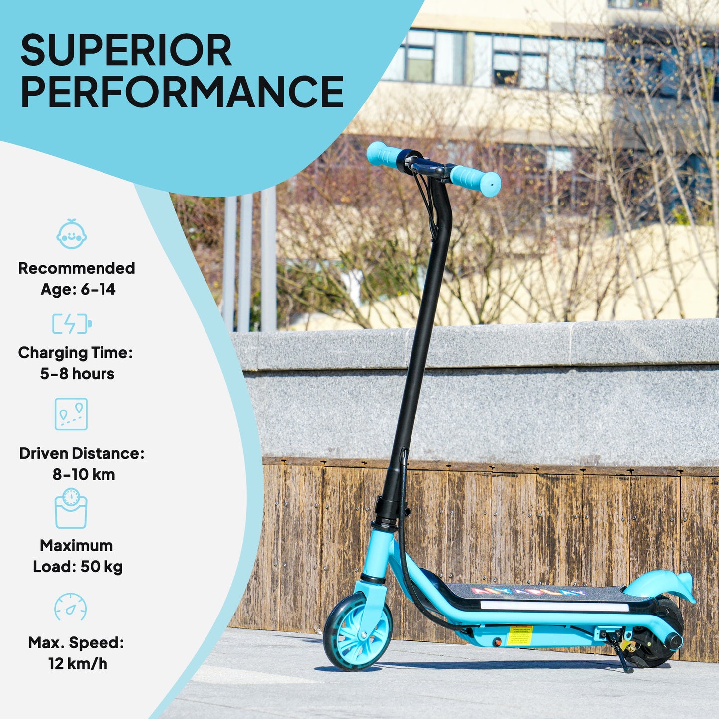 AIYAPLAY Electric Scooter for Kids Aged 6-14 Years, with Colourful Lights, Blue