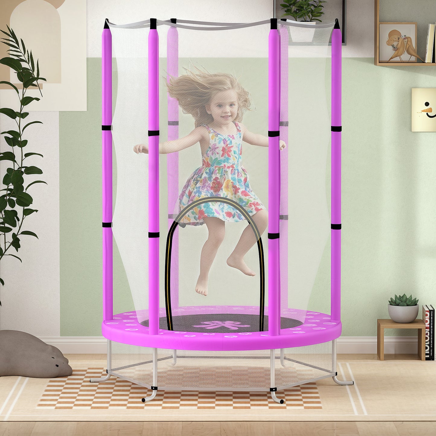 AIYAPLAY 4.6ft Toddler Trampoline w/ Safety Enclosure Net, for Indoor Outdoor Use, Ages 3-6 Years, Purple