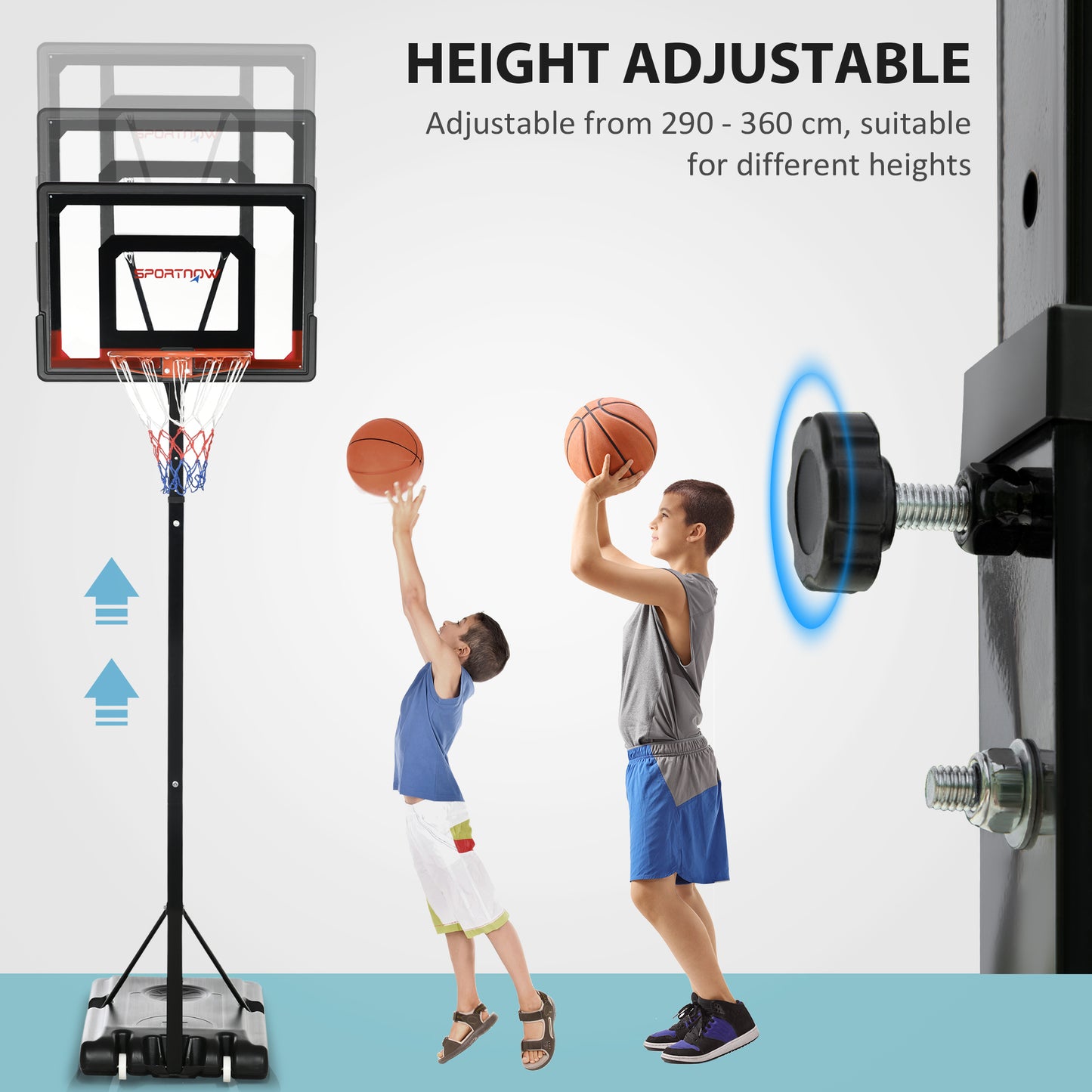 SPORTNOW 2.6-3.1m Adjustable Basketball Hoop and Basketball Stand w/ Backboard and Weighted Base, Portable on Wheels, Black