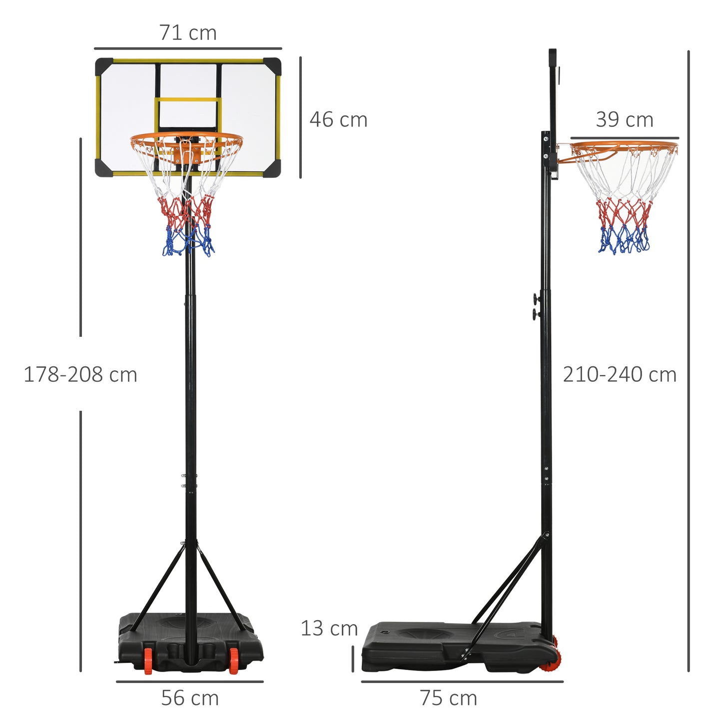 SPORTNOW Height Adjustable Basketball Hoop and Stand with Firm Backboard and Weighted Base, Portable Wheels, Yellow