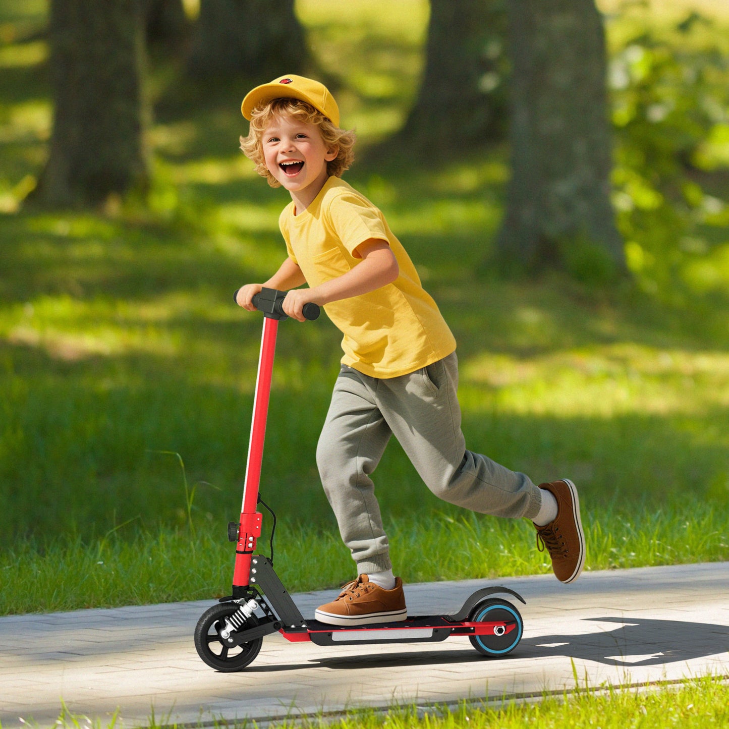 SPORTNOW Folding Electric Scooter for Kids, with Dual Brakes, Front Suspension, LED Colourful Lights, Red