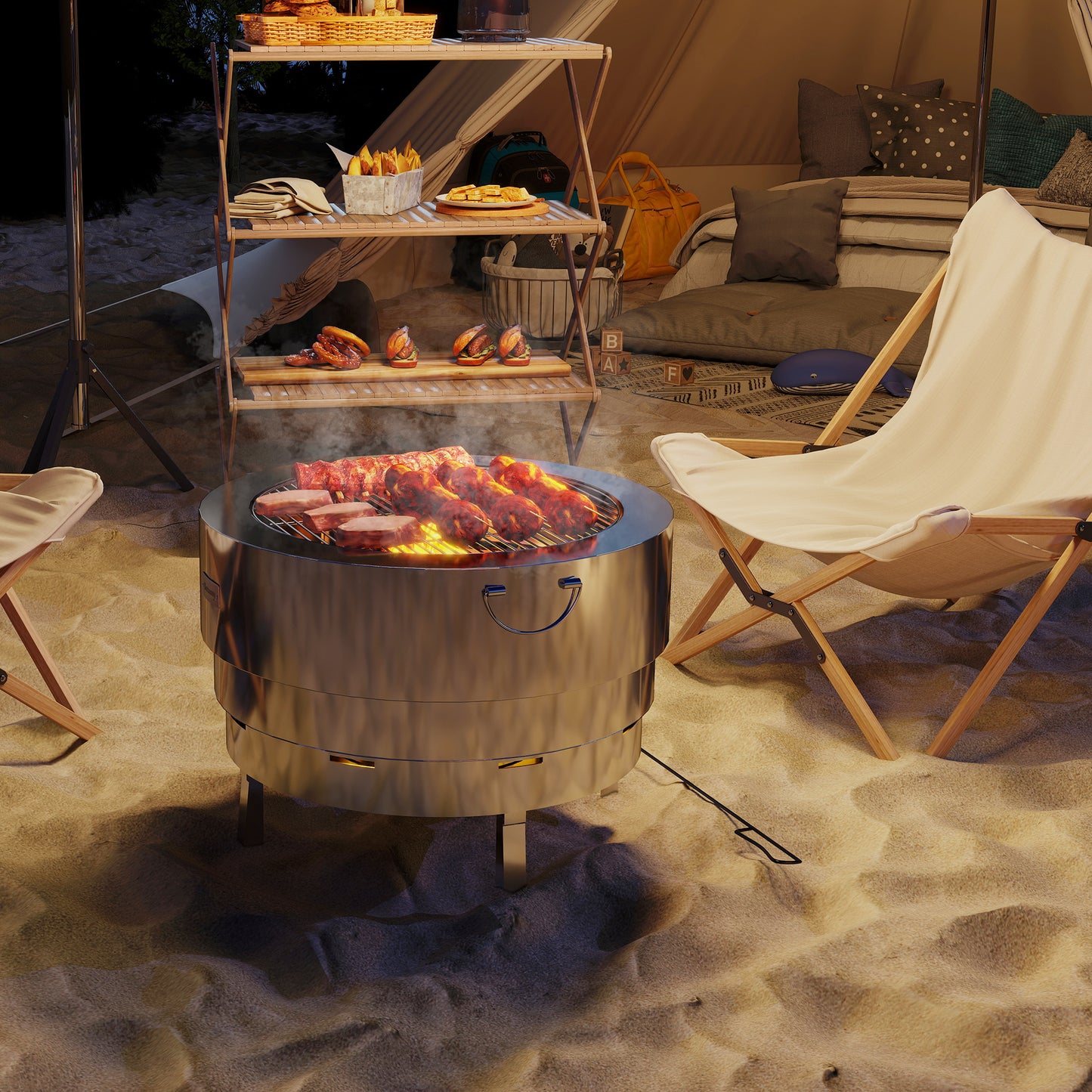 Outsunny Stainless Steel Wood-burning Fire Pit with Fire Poker - Silver