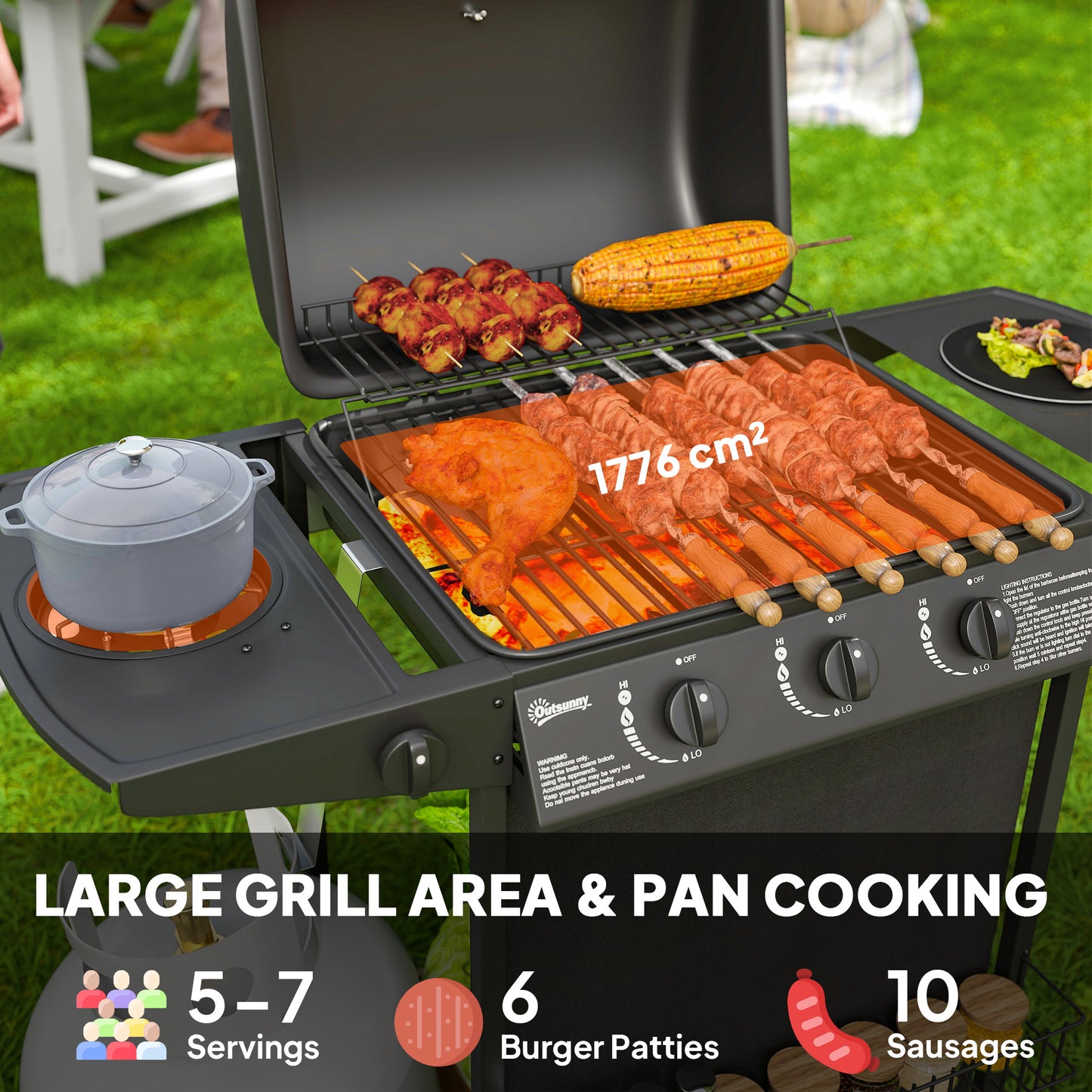 Outsunny 3+1 Burner Gas BBQ Grill, Portable Gas Barbecue Grill with Built-in Thermometer, Lid, Side Table, Shelf, Spice Rack, Wheels, Grease Cup for Garden Party Outdoor Cooking, Black