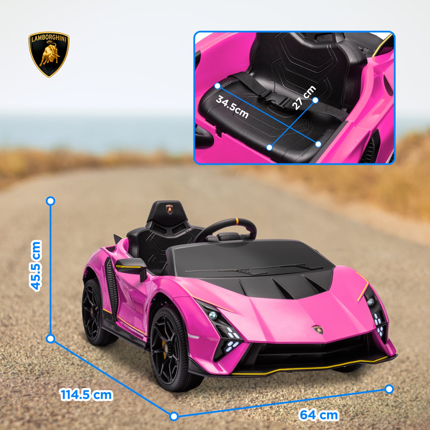 AIYAPLAY 12V Lamborghini Autentica Licensed Kids Electric Car with Remote Control, 4 Suspension Wheels, Soft Start, Pink