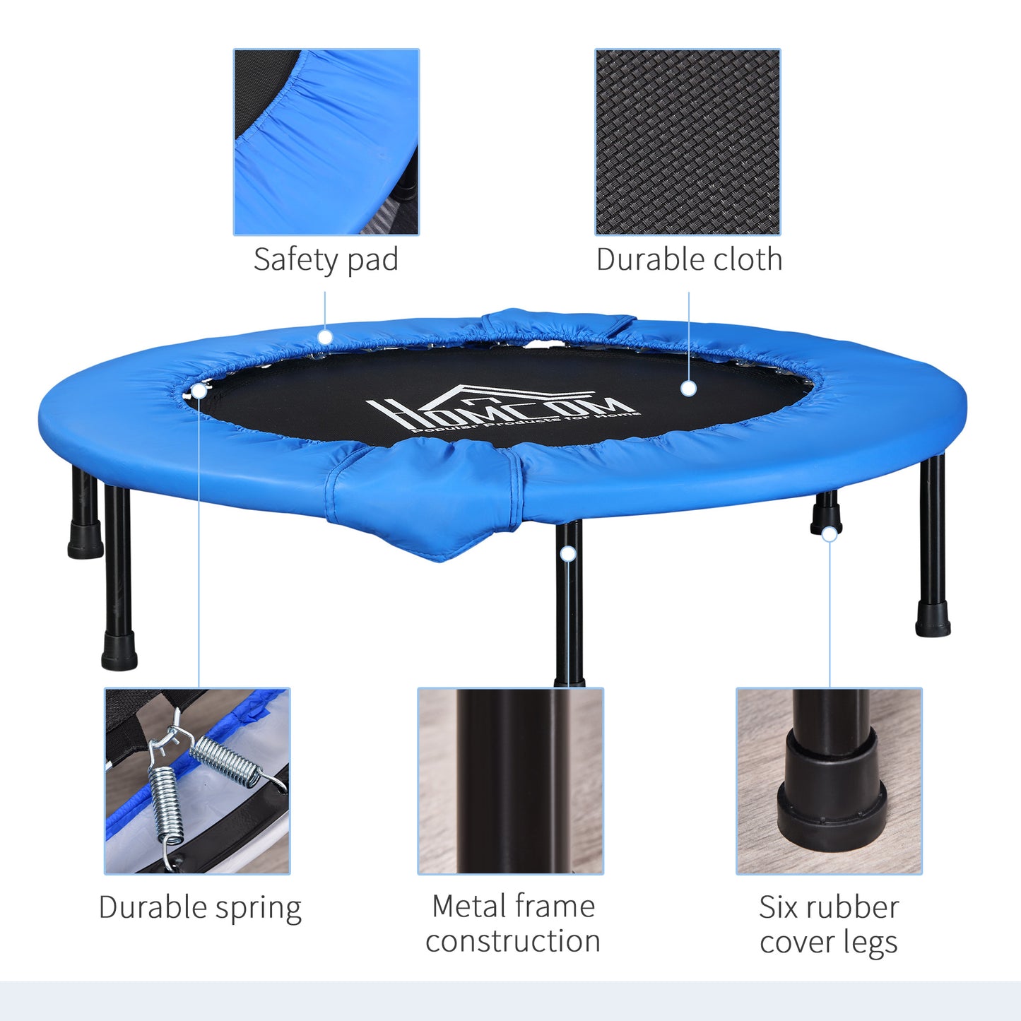 HOMCOM ?96cm Mini Fitness Trampoline Home Gym Yoga Exercise Rebounder Indoor Outdoor Jumper with Safety Pad, Support Up to 100 KG, Blue and Black
