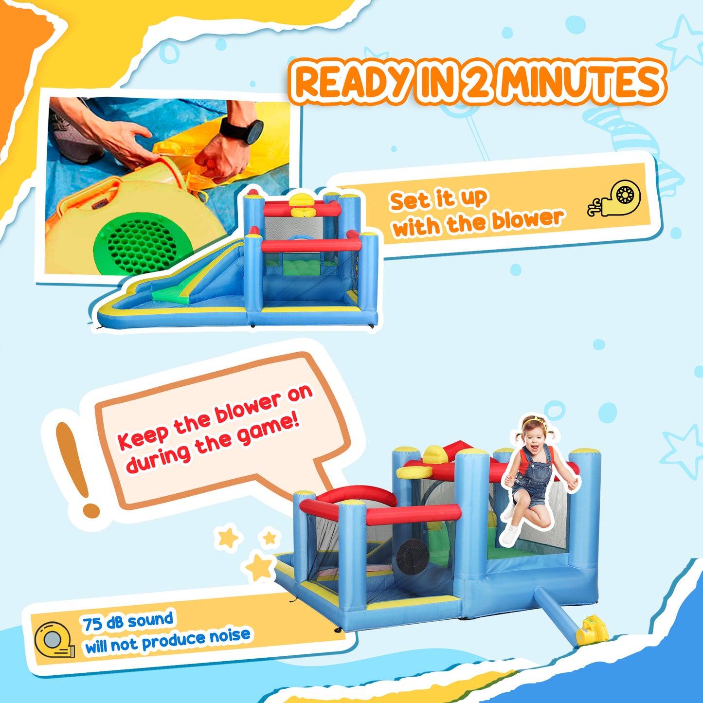 AIYAPLAY Inflatable Bouncy Castle with 550W Blower, Basketball Hoop, Long Slide, Dart Board, Carrying Bag, 385 x 290 x 180 cm