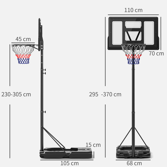 SPORTNOW 2.3-3.05m Basketball Hoop and Stand, with Weighted Base, Wheels, Black