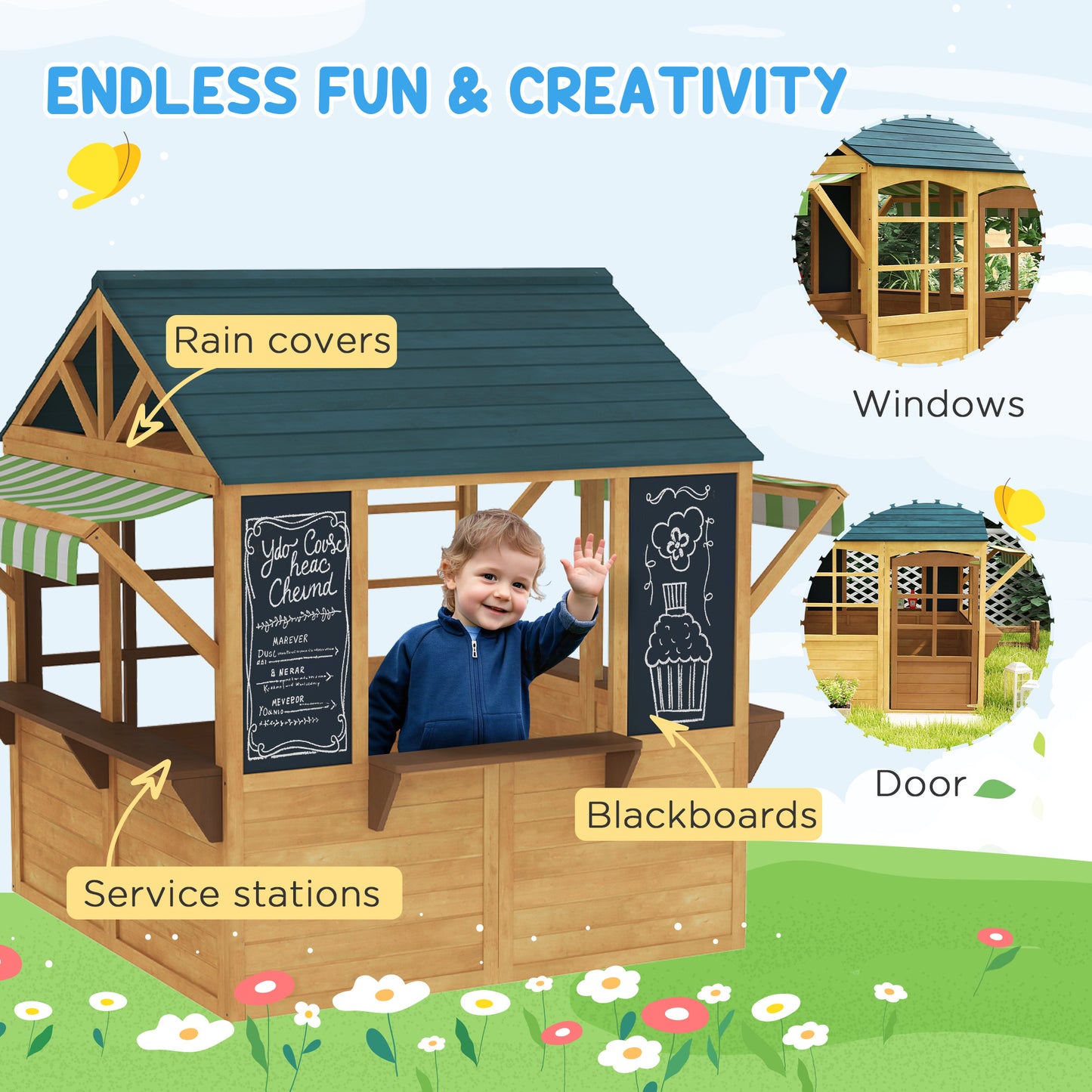 AIYAPLAY Wooden Playhouse for Kids, Foldable Wendy House with Windows, Working Door, Service Stations, Rain Covers, Brown