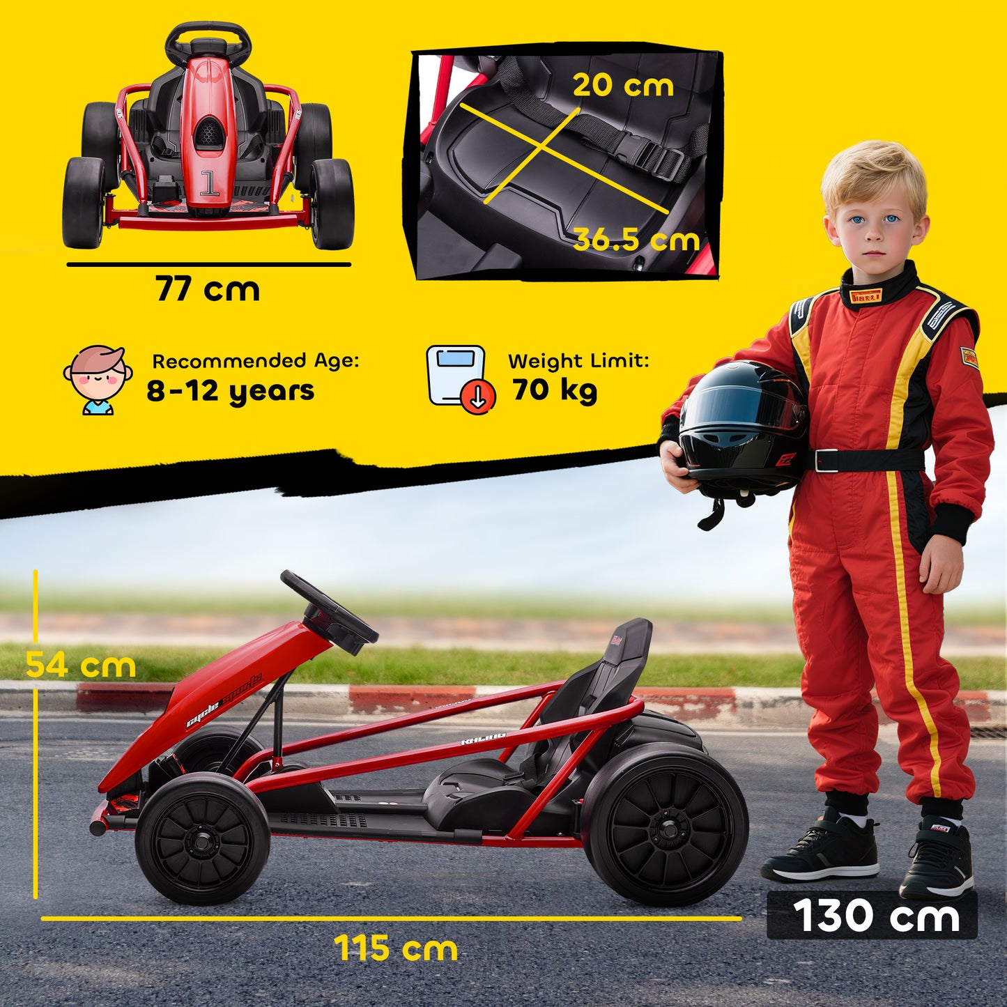 HOMCOM 24V Electric Go Kart for Kids, Drift Ride-On Racing Go Kart with 2 Speeds, for Boys Girls Aged 8-12 Years Old, Red