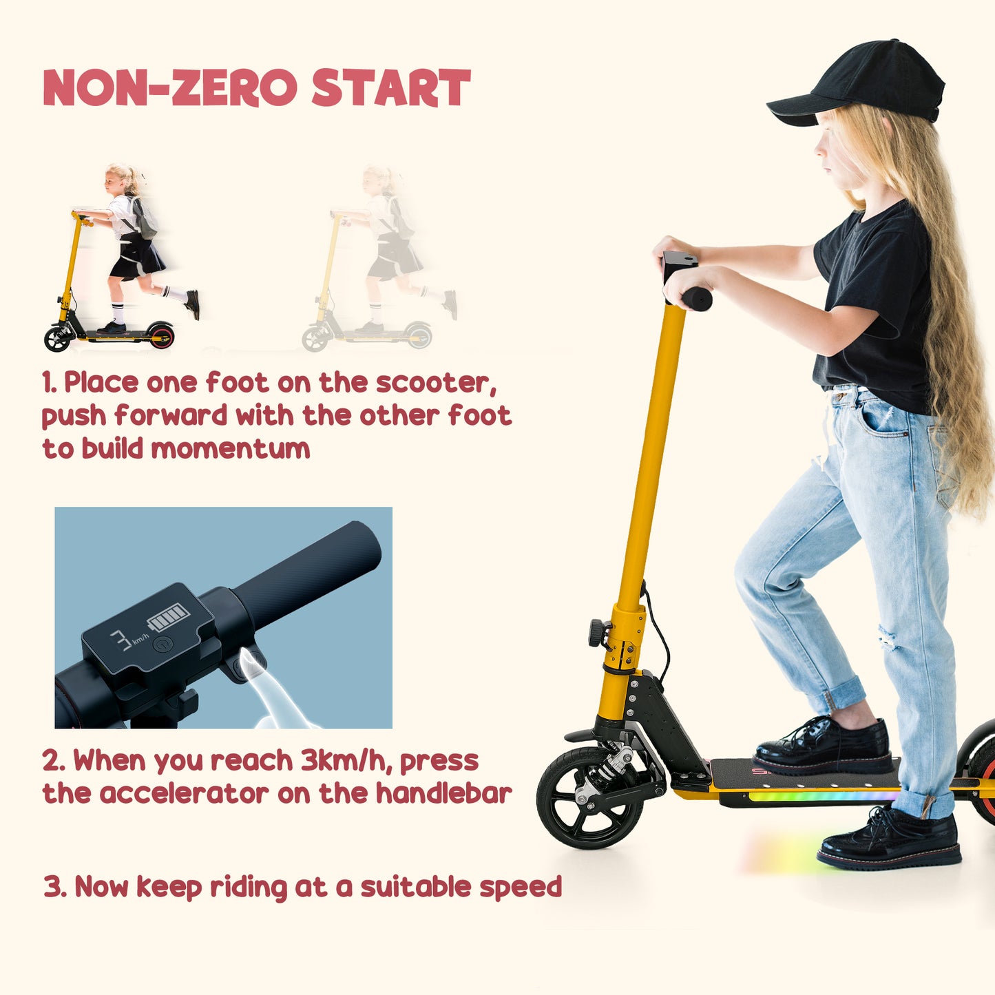 SPORTNOW Folding Electric Scooter for Kids, with Dual Brakes, Front Suspension, LED Colourful Lights, Gold Tone